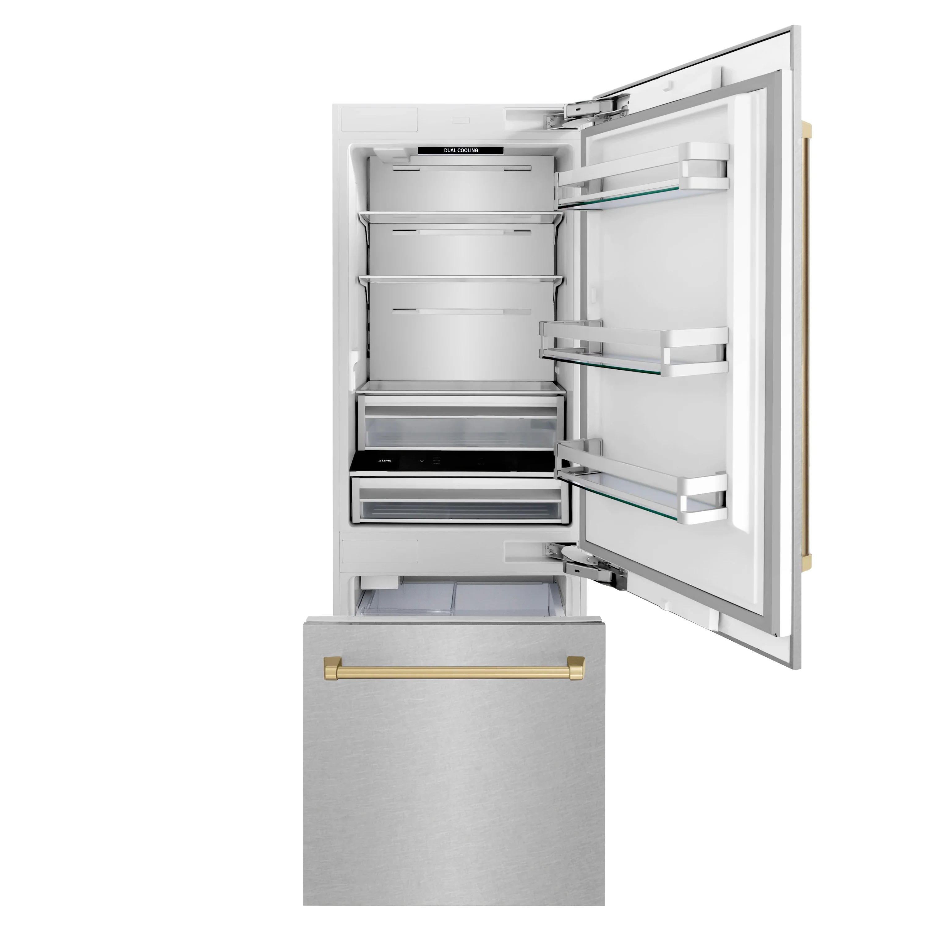 ZLINE 30-Inch Autograph Edition 16.1 cu. ft. Built-in 2-Door Bottom Freezer Refrigerator with Internal Water and Ice Dispenser in Fingerprint Resistant Stainless Steel with Champagne Bronze Accents (RBIVZ-SN-30-CB) - Image 5