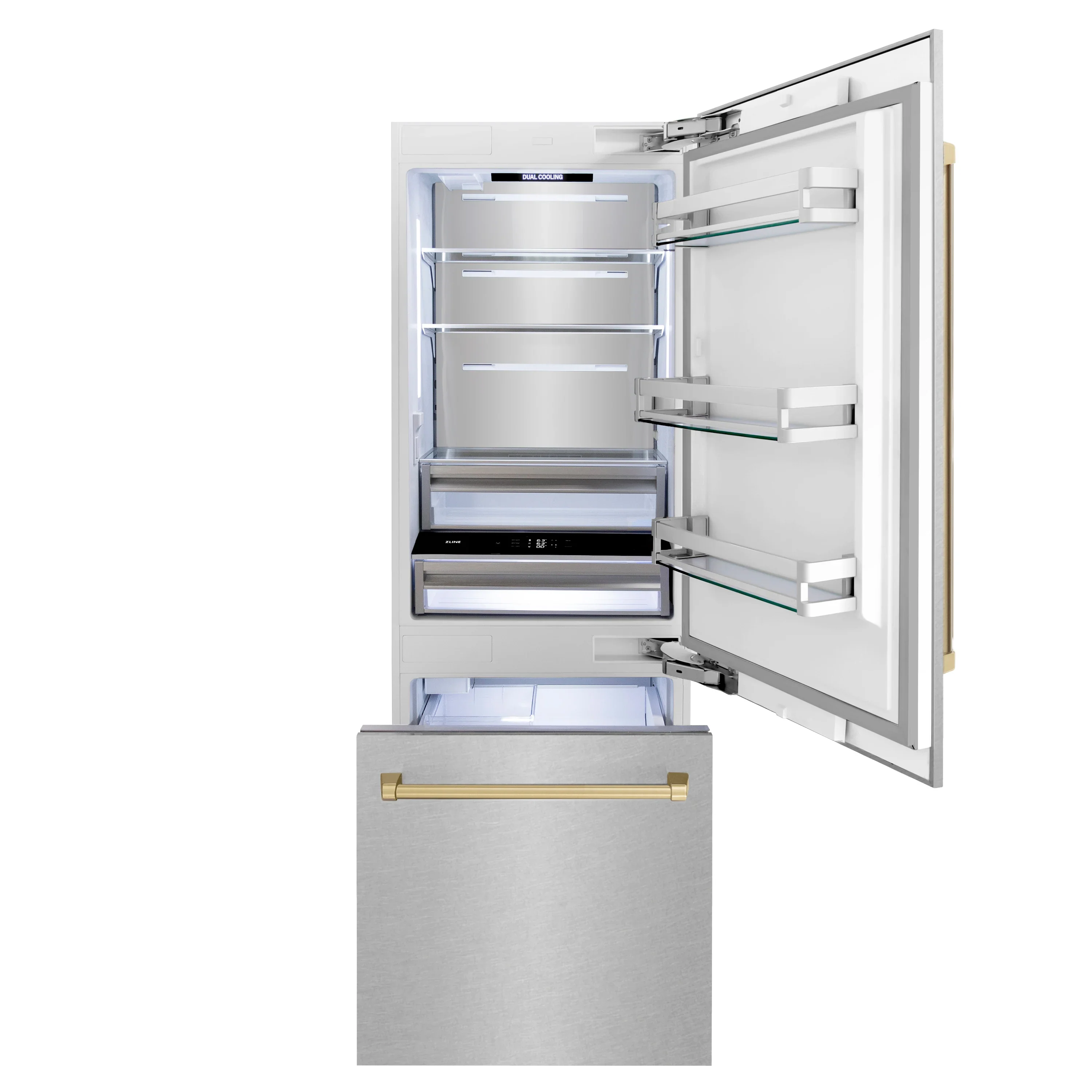 ZLINE 30-Inch Autograph Edition 16.1 cu. ft. Built-in 2-Door Bottom Freezer Refrigerator with Internal Water and Ice Dispenser in Fingerprint Resistant Stainless Steel with Champagne Bronze Accents (RBIVZ-SN-30-CB) - Image 6