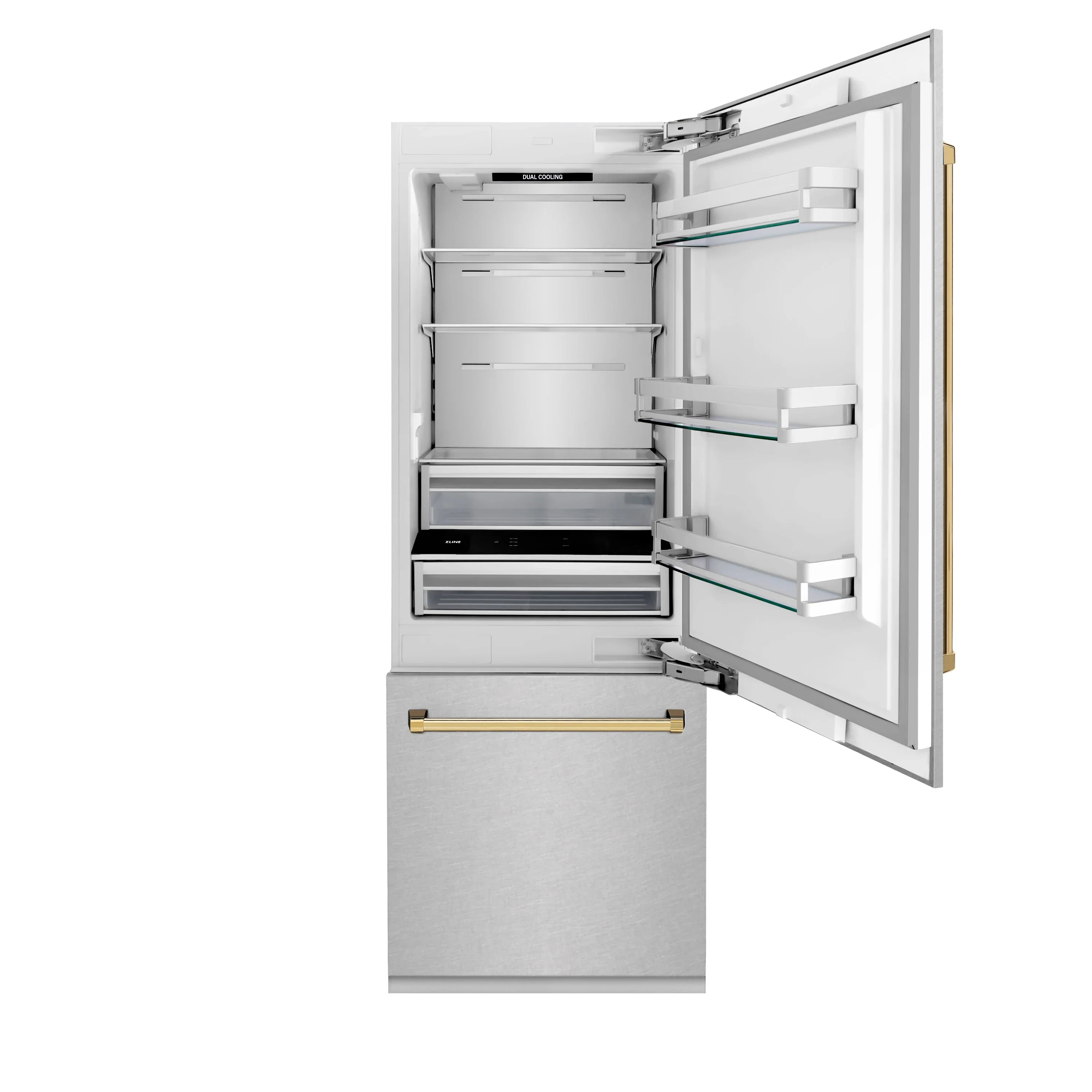 ZLINE 30-Inch Autograph Edition 16.1 cu. ft. Built-in 2-Door Bottom Freezer Refrigerator with Internal Water and Ice Dispenser in Fingerprint Resistant Stainless Steel with Gold Accents (RBIVZ-SN-30-G) - Image 4