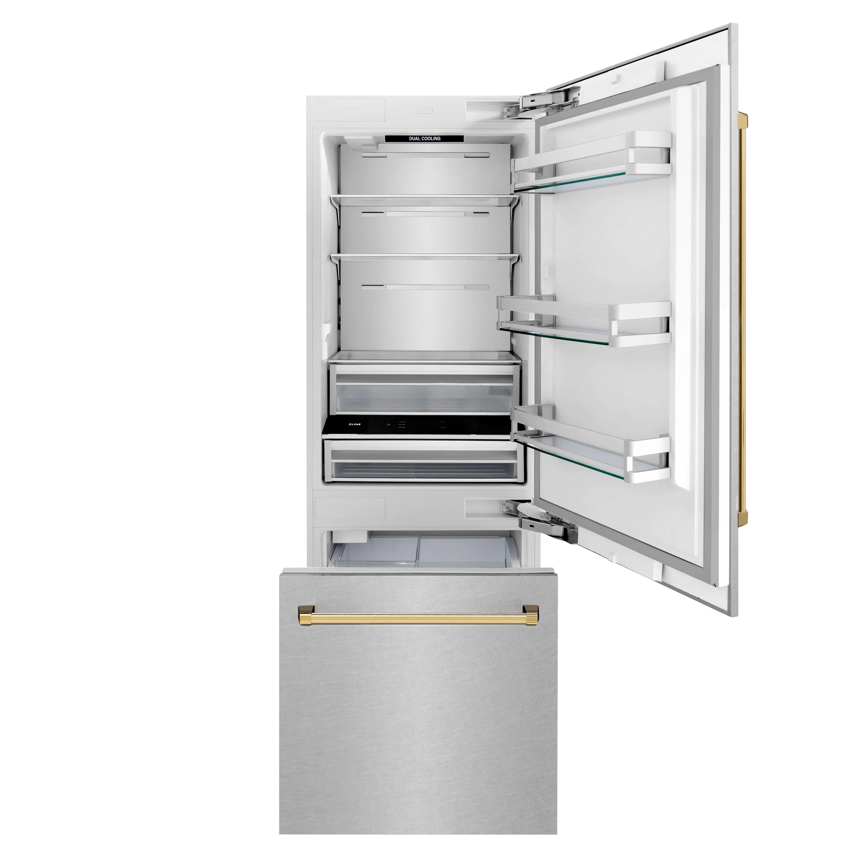 ZLINE 30-Inch Autograph Edition 16.1 cu. ft. Built-in 2-Door Bottom Freezer Refrigerator with Internal Water and Ice Dispenser in Fingerprint Resistant Stainless Steel with Gold Accents (RBIVZ-SN-30-G) - Image 5