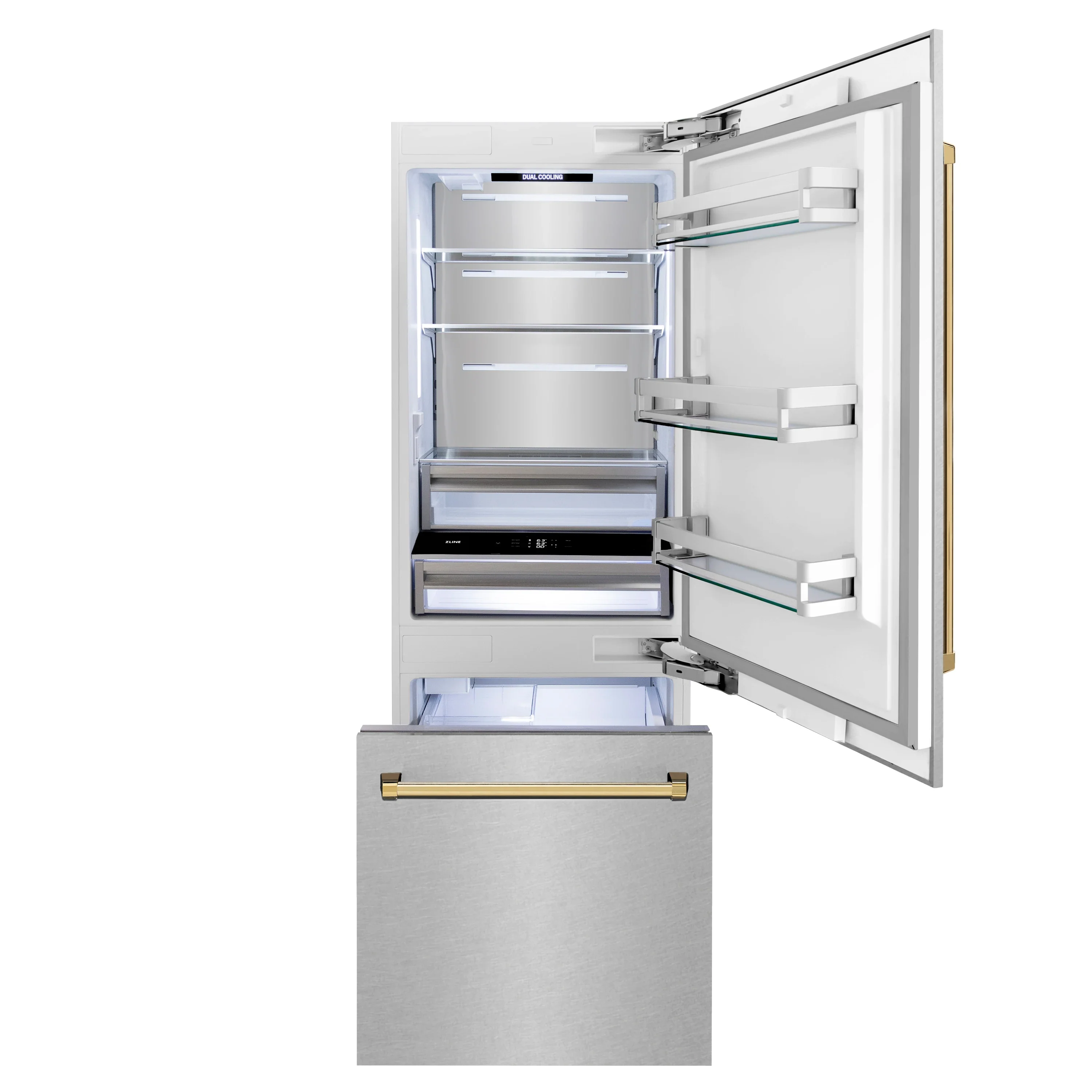 ZLINE 30-Inch Autograph Edition 16.1 cu. ft. Built-in 2-Door Bottom Freezer Refrigerator with Internal Water and Ice Dispenser in Fingerprint Resistant Stainless Steel with Gold Accents (RBIVZ-SN-30-G) - Image 6
