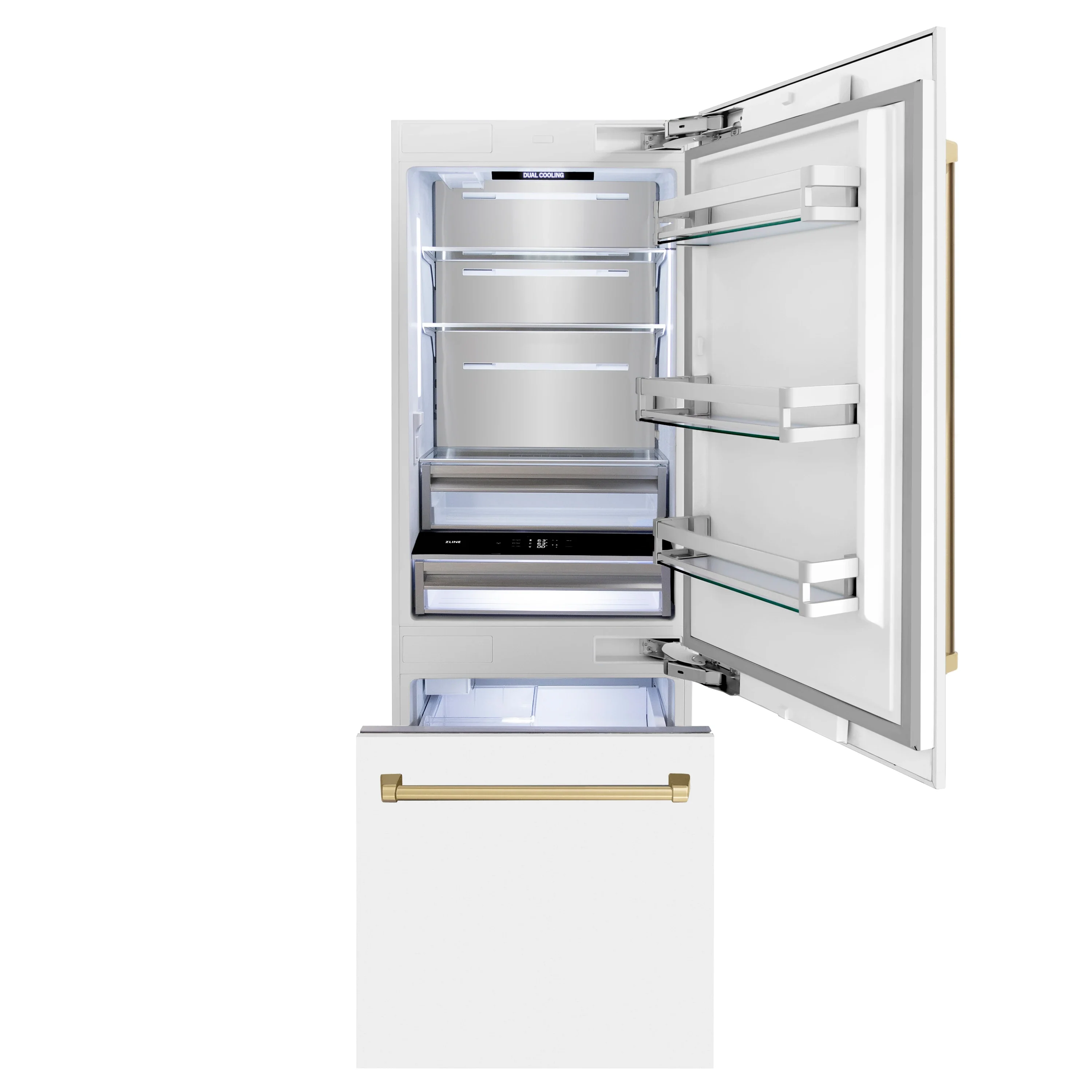 ZLINE 30-Inch Autograph Edition 16.1 cu. ft. Built-in 2-Door Bottom Freezer Refrigerator with Internal Water and Ice Dispenser in White Matte with Champagne Bronze Accents (RBIVZ-WM-30-CB) - Image 8