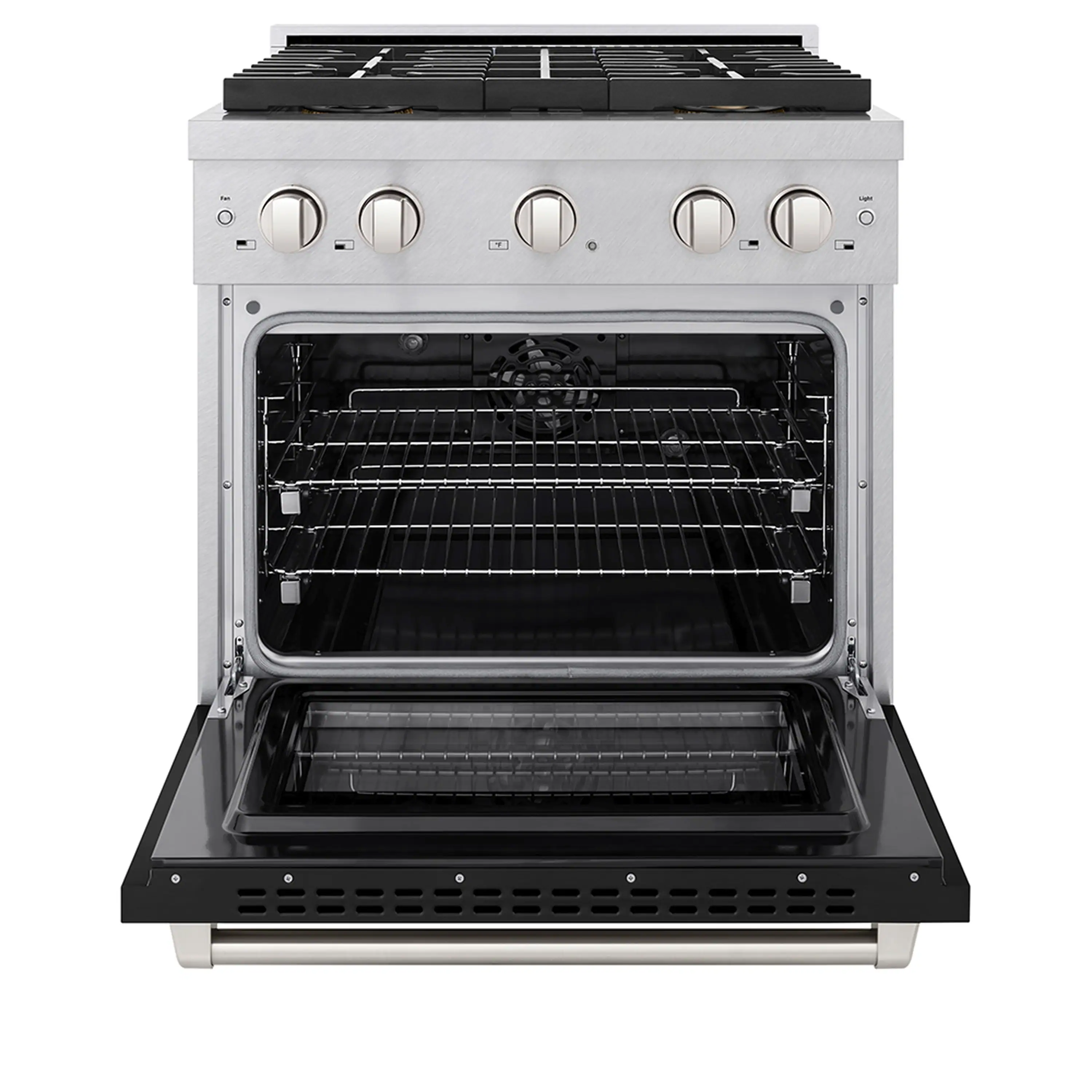 ZLINE 30-Inch 4.2 cu. ft. Paramount Dual Fuel Range with 4 Burner DuoPro™ Cooktop and Electric Convection Oven in Satin Stainless Steel with Black Matte Door (PSDRS-BLM-30) - Image 2