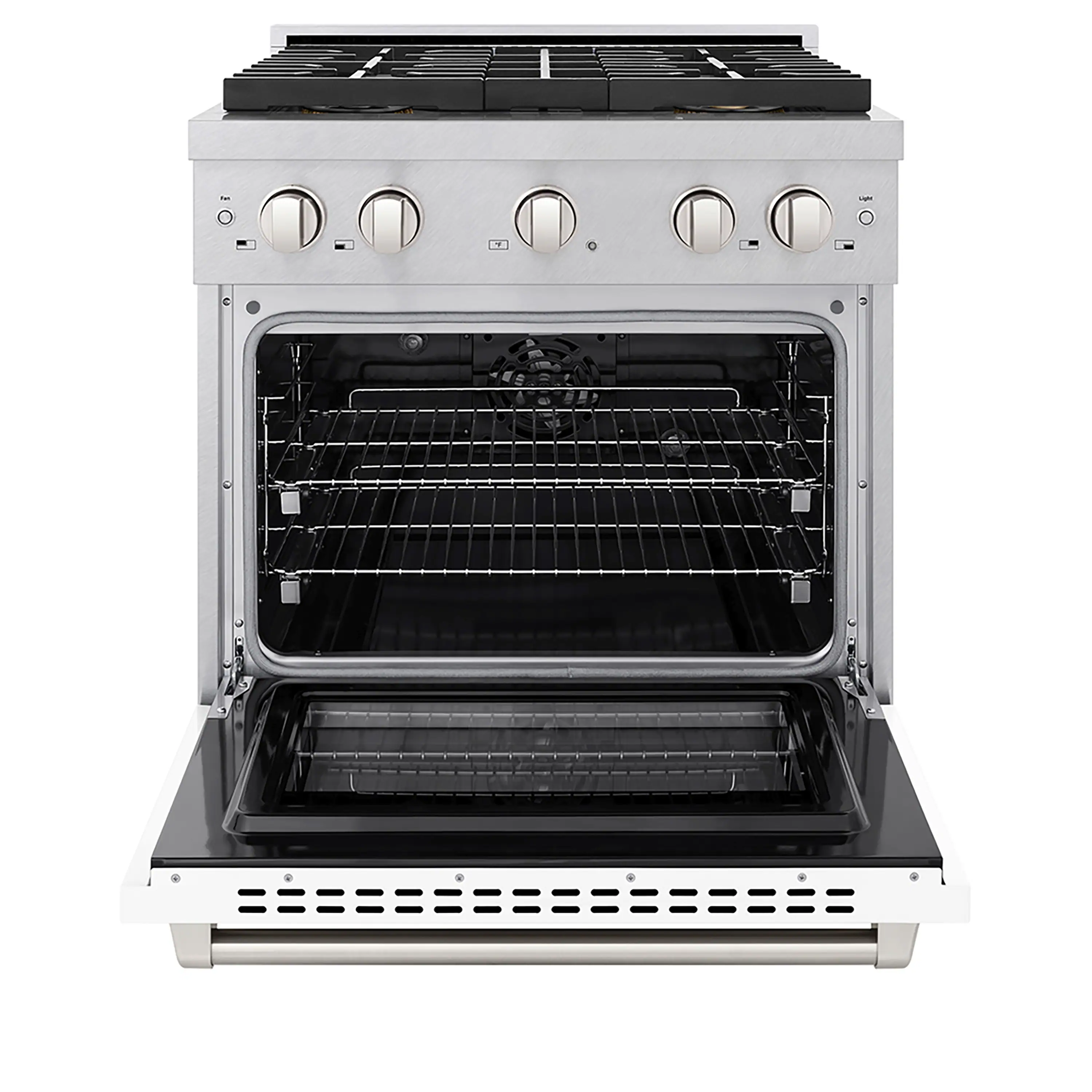 ZLINE 30-Inch 4.2 cu. ft. Paramount Dual Fuel Range with 4 Burner DuoPro™ Cooktop and Electric Convection Oven in Satin Stainless Steel with White Matte Door (PSDRS-WM-30) - Image 2