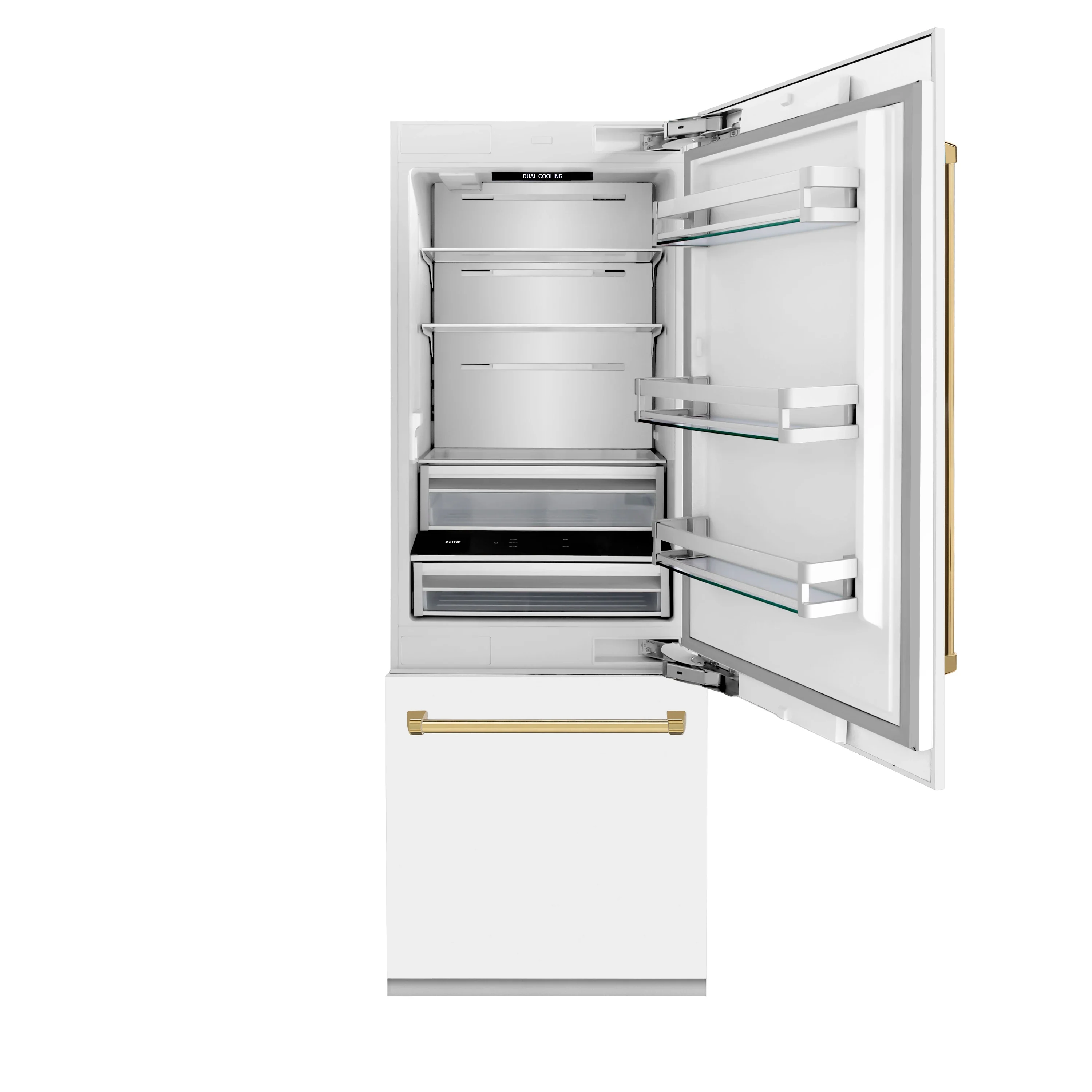 ZLINE 30-Inch Autograph Edition 16.1 cu. ft. Built-in 2-Door Bottom Freezer Refrigerator with Internal Water and Ice Dispenser in White Matte with Gold Accents (RBIVZ-WM-30-G) - Image 5