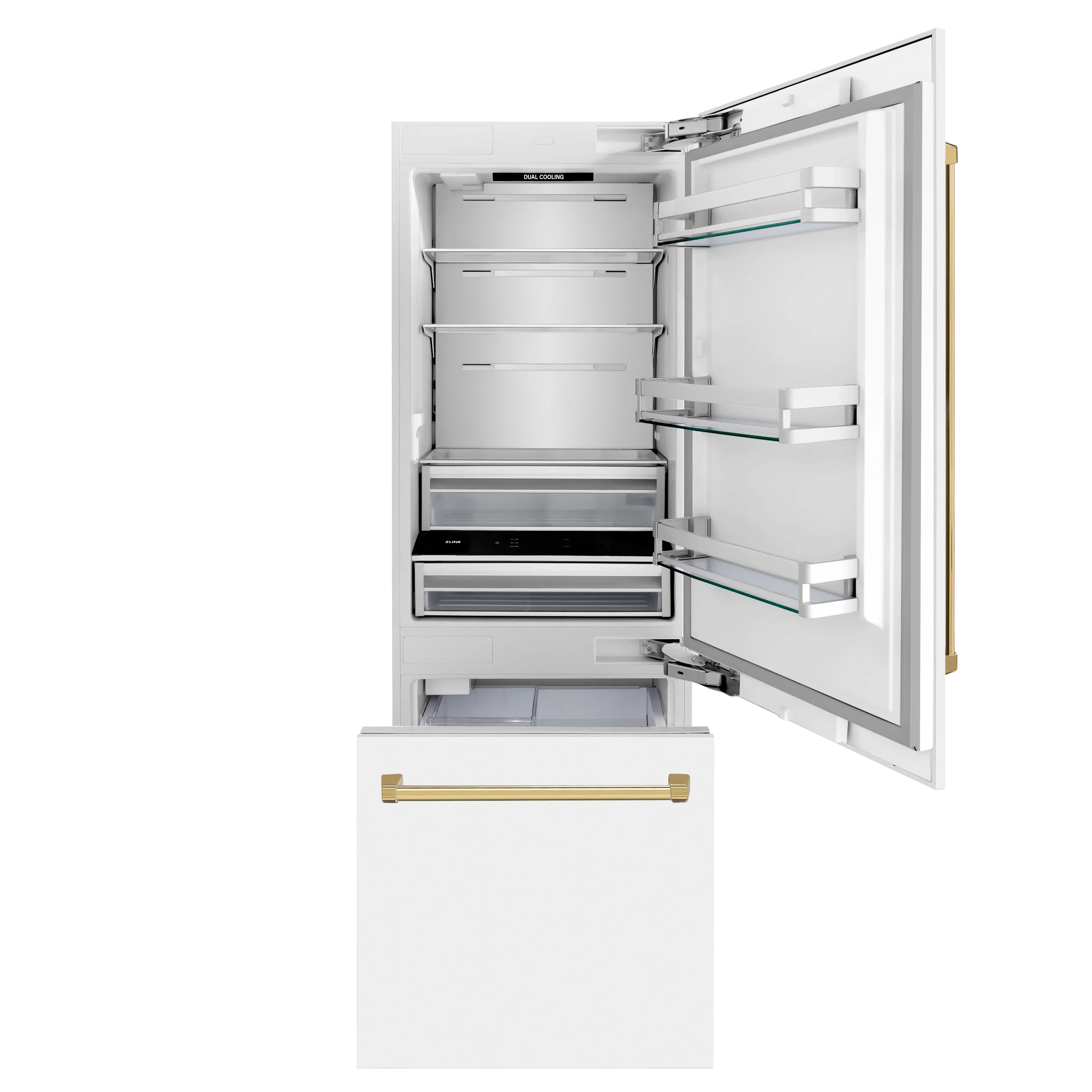 ZLINE 30-Inch Autograph Edition 16.1 cu. ft. Built-in 2-Door Bottom Freezer Refrigerator with Internal Water and Ice Dispenser in White Matte with Gold Accents (RBIVZ-WM-30-G) - Image 6