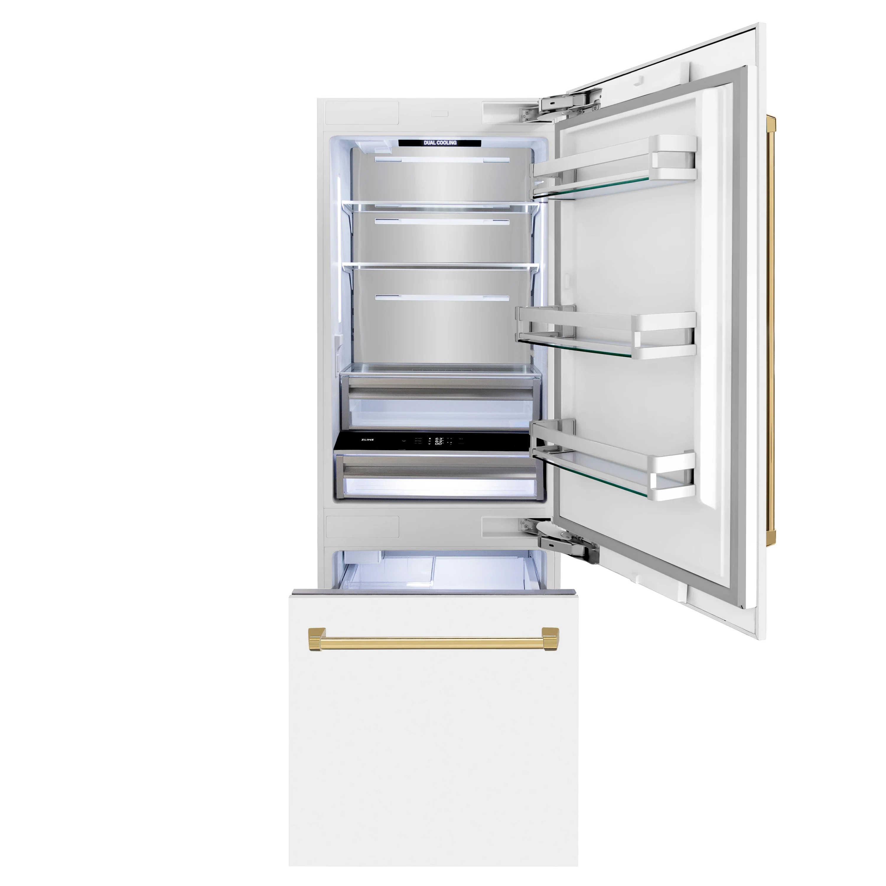 ZLINE 30-Inch Autograph Edition 16.1 cu. ft. Built-in 2-Door Bottom Freezer Refrigerator with Internal Water and Ice Dispenser in White Matte with Gold Accents (RBIVZ-WM-30-G) - Image 7
