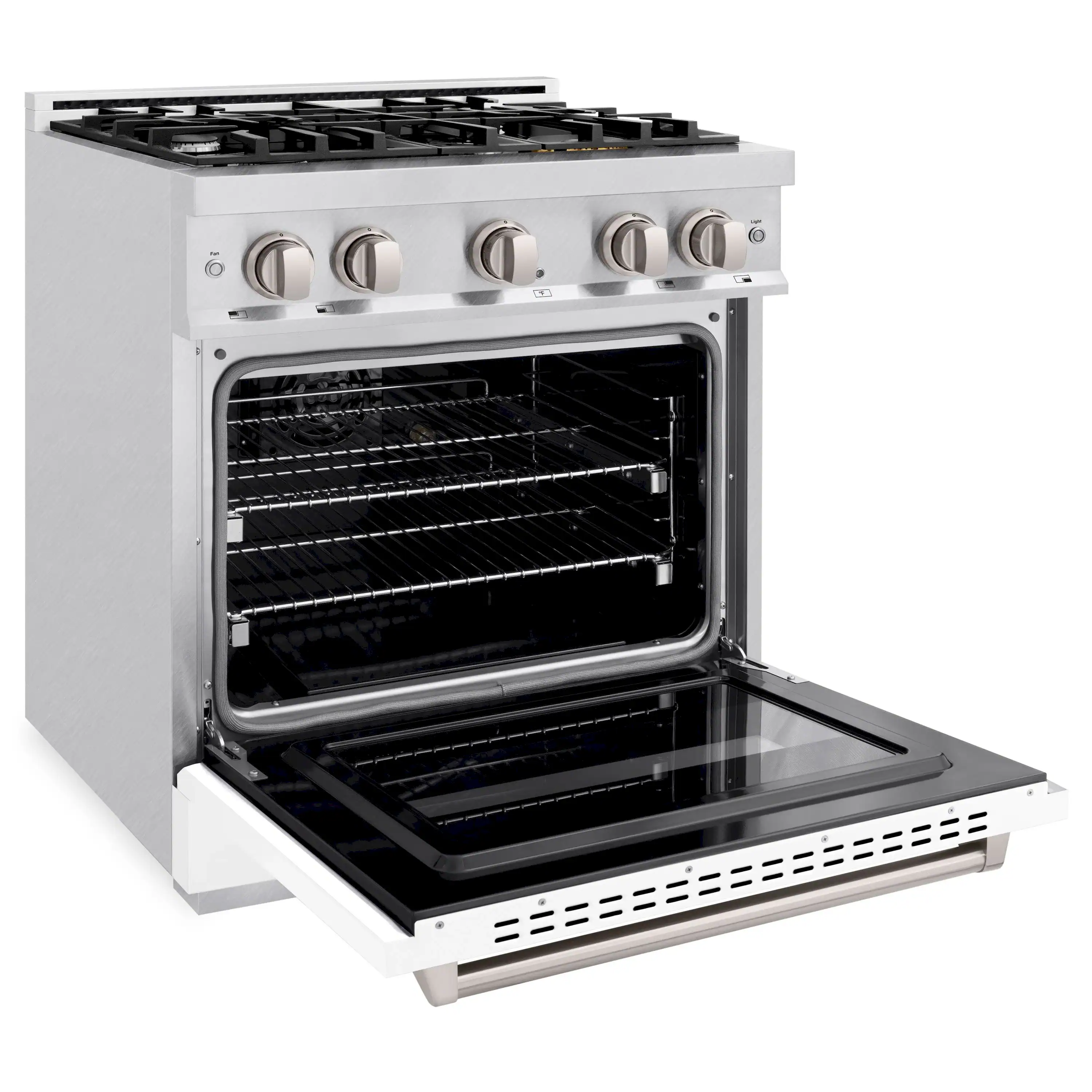 ZLINE 30-Inch Classic Series Dual Fuel Range with 4 Gas Burner Cooktop and 4.2 Cu. Ft. Electric Convection Oven in Satin Stainless Steel with White Matte Door (CDRS-WM-30) - Image 4