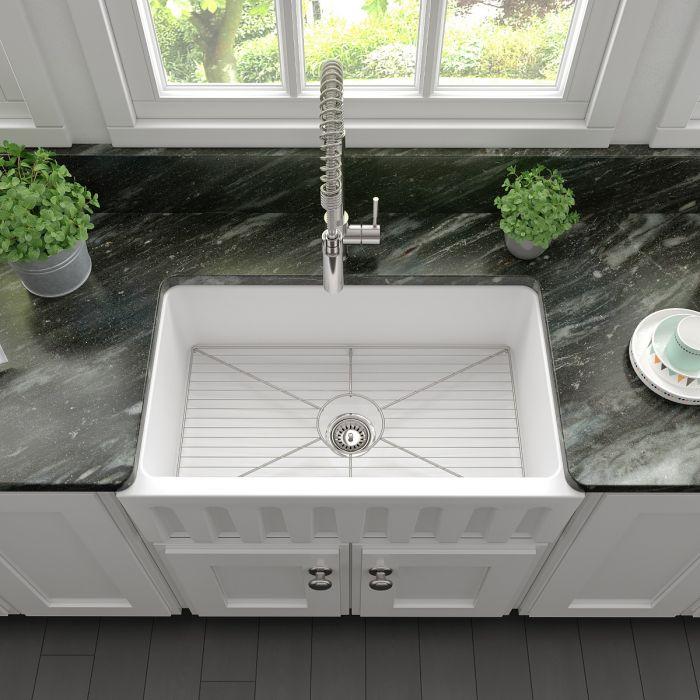 ZLINE 30-Inch Venice Farmhouse Apron Front Reversible Single Bowl Fireclay Kitchen Sink with Bottom Grid in White Matte (FRC5119-WM-30) - Image 4