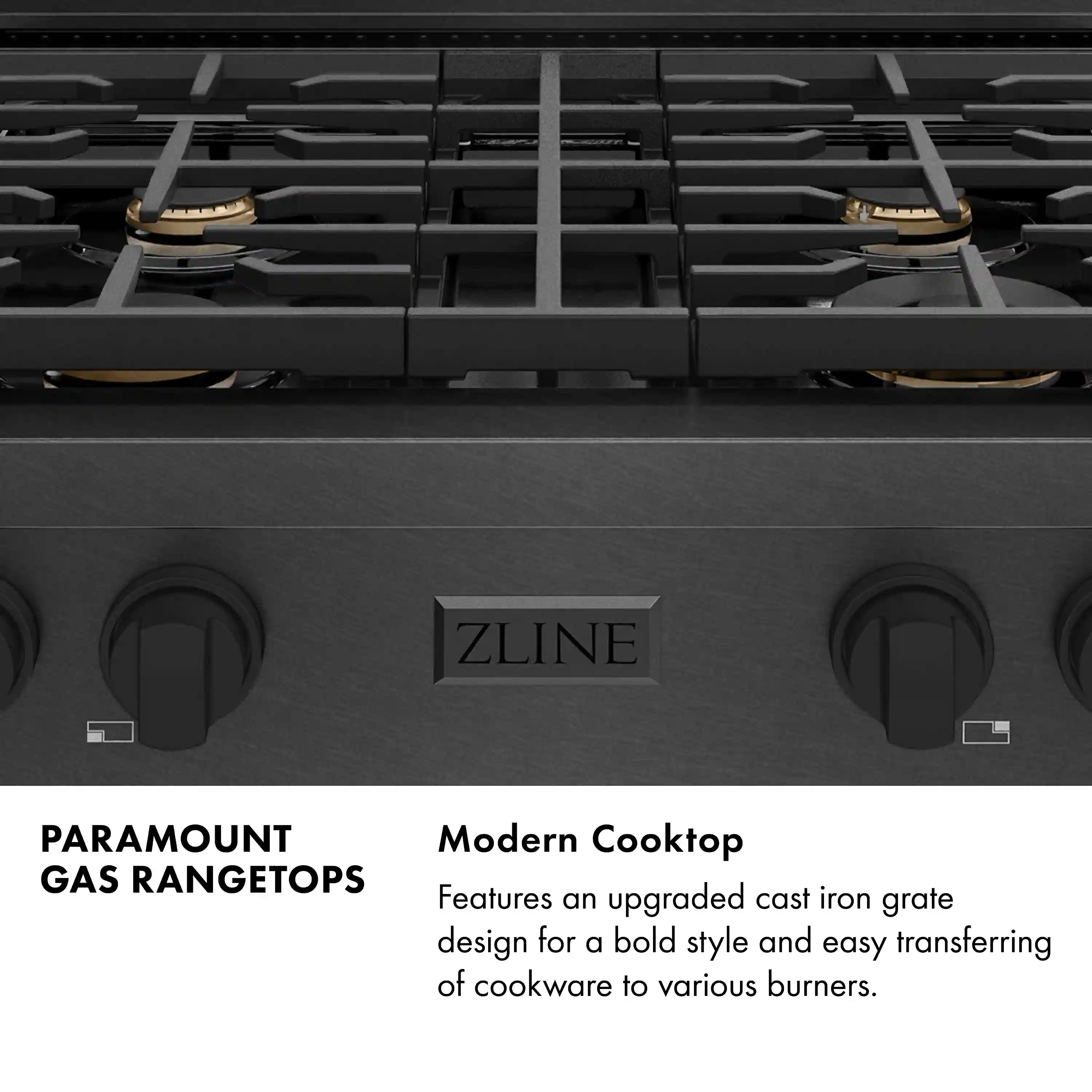 ZLINE 30-Inch Paramount Gas Rangetop with 4 Brass Burners and Porcelain Cooktop in Black Satin Stainless Steel (SRTBS-BR-30) - Image 6