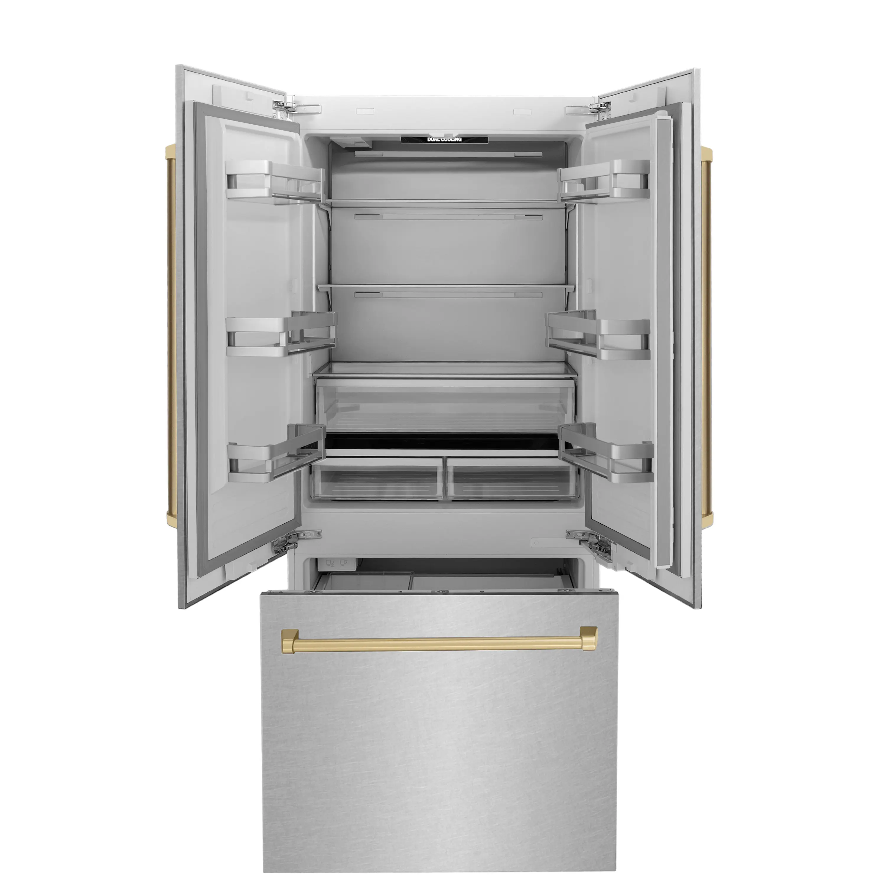 ZLINE 36-Inch Autograph Edition 19.6 cu. ft. Built-in 2-Door Bottom Freezer Refrigerator with Internal Water and Ice Dispenser in Satin Stainless Steel with Champagne Bronze Accents (RBIVZ-SN-36-CB) - Image 4