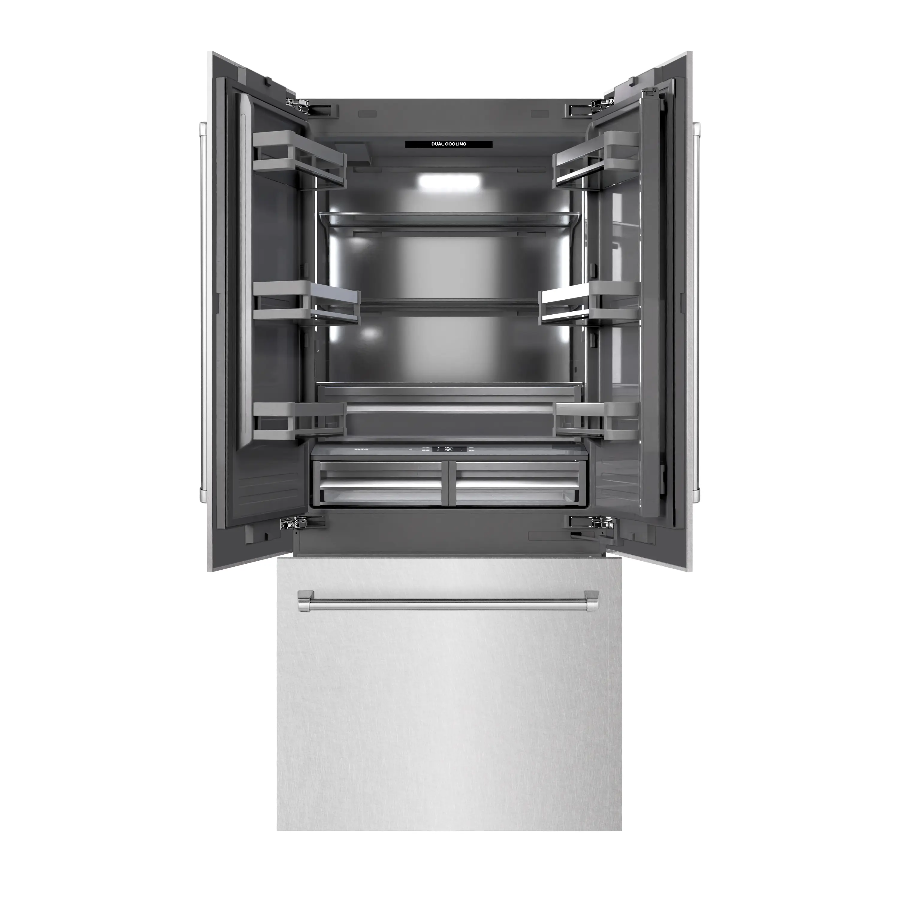 ZLINE 36-Inch 19.6 Cu. Ft. French Door Built-In Bottom Freezer Refrigerator with Water Dispenser and Ice Maker in Satin Stainless Steel with Graphite Gray Interior (GRBIV-SN-36) - Image 2