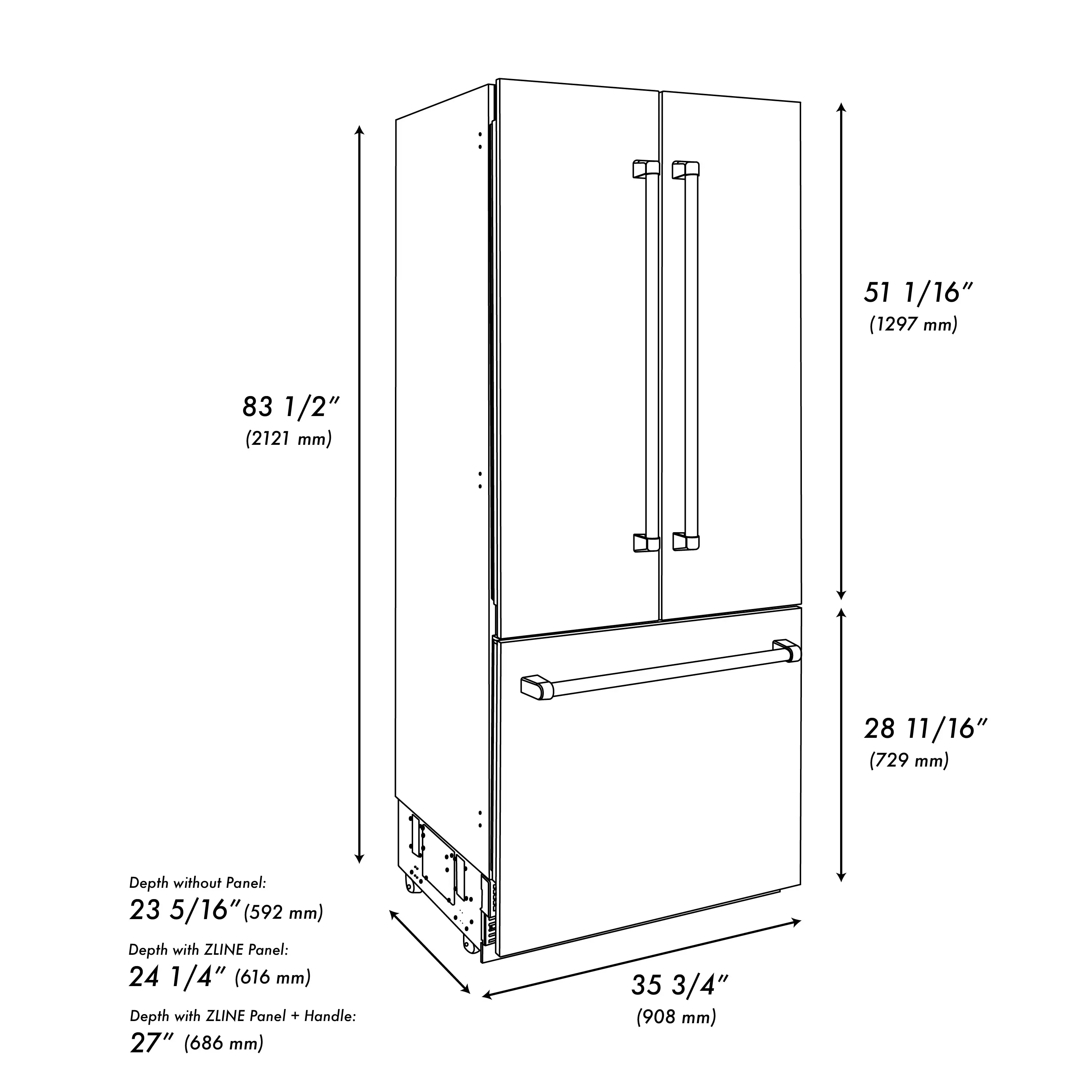 ZLINE 36-Inch 19.6 Cu. Ft. French Door Built-In Bottom Freezer Refrigerator with Water Dispenser and Ice Maker in White Matte with Graphite Gray Interior (GRBIV-WM-36) - Image 9