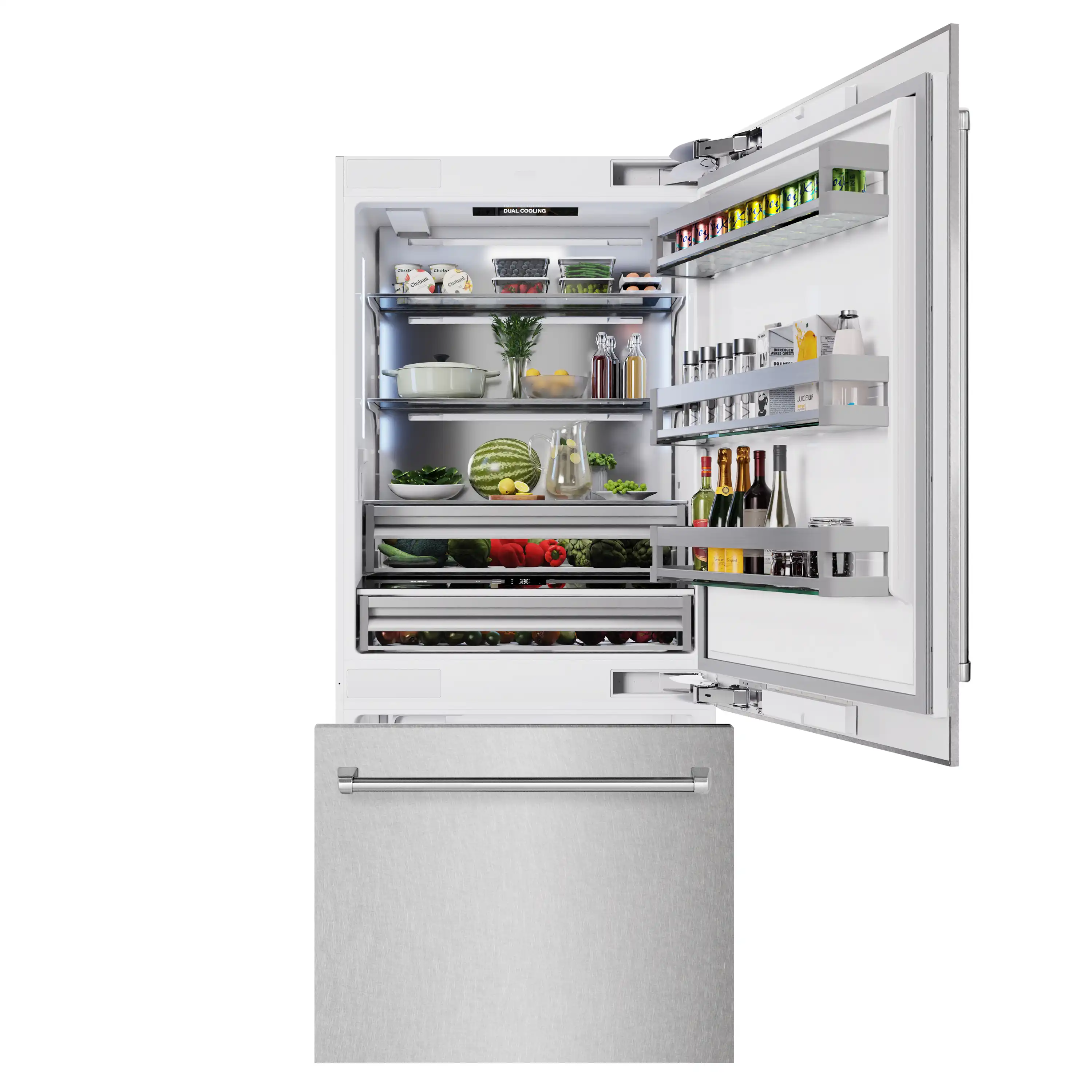 ZLINE 36-Inch 19.8 Cu. Ft. Built-In Bottom Freezer Refrigerator with Water Dispenser and Ice Maker in Satin Stainless Steel (RBIT-SN-36) - Image 3