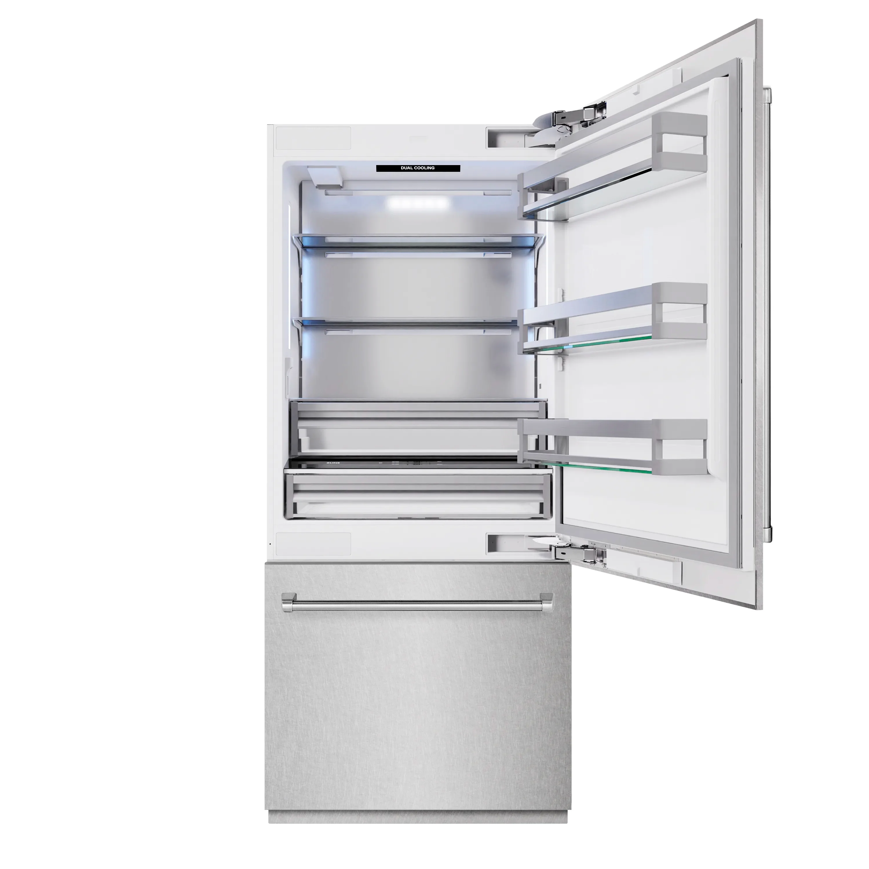 ZLINE 36-Inch 19.8 Cu. Ft. Built-In Bottom Freezer Refrigerator with Water Dispenser and Ice Maker in Satin Stainless Steel (RBIT-SN-36) - Image 4