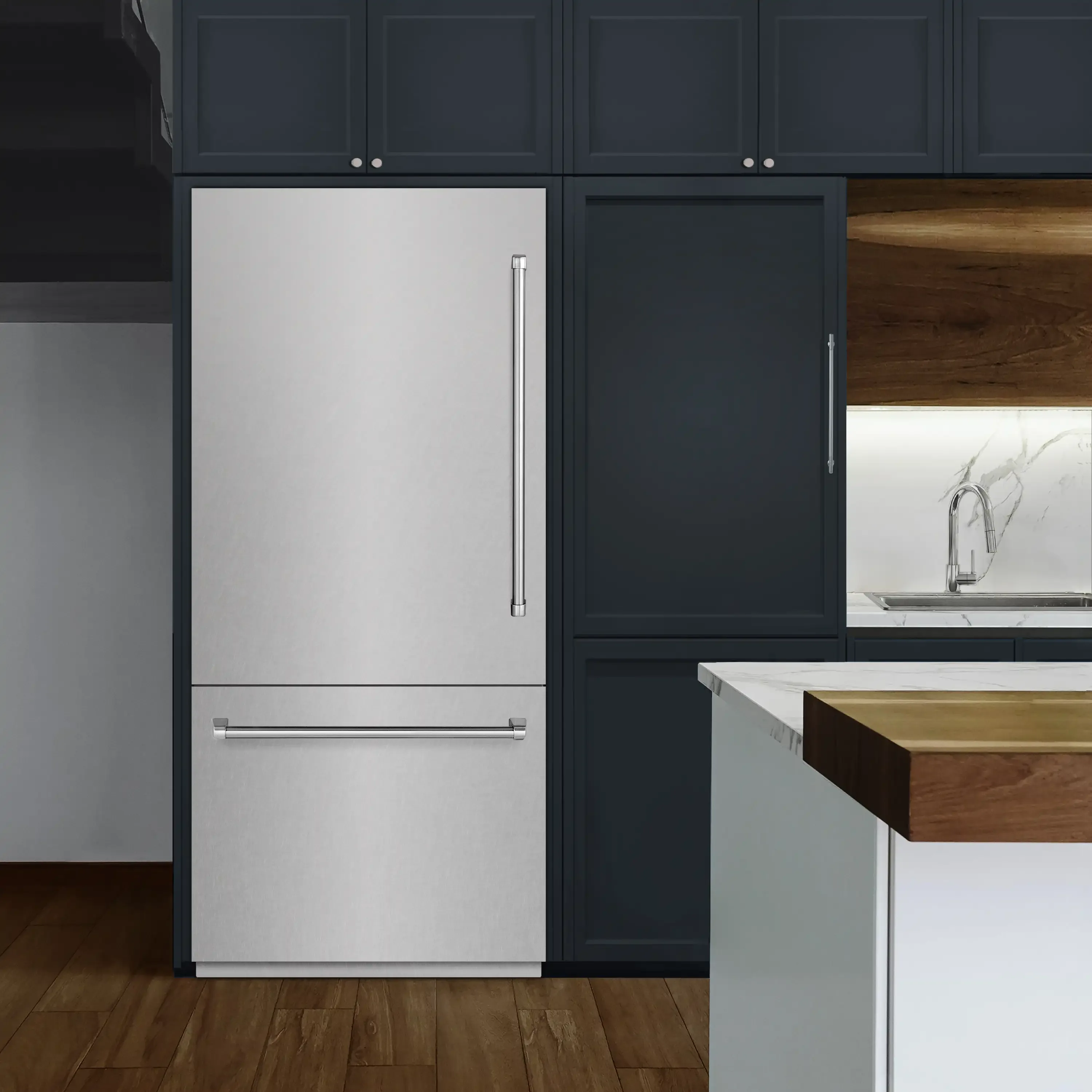 ZLINE 36-Inch 19.8 Cu. Ft. Built-In Bottom Freezer Refrigerator with Water Dispenser and Ice Maker in Satin Stainless Steel with Graphite Gray Interior (GRBIT-SN-36) - Image 2