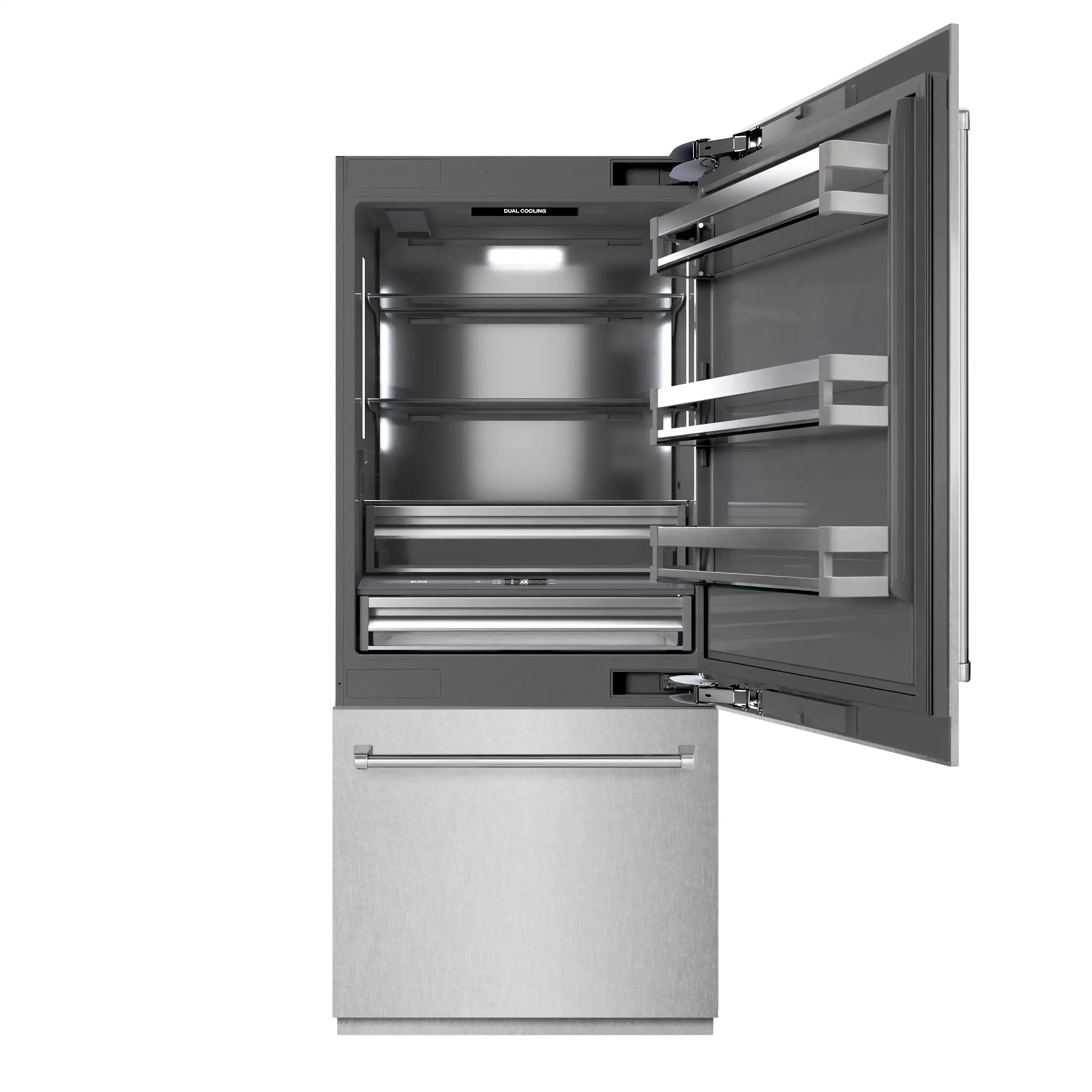 ZLINE 36-Inch 19.8 Cu. Ft. Built-In Bottom Freezer Refrigerator with Water Dispenser and Ice Maker in Satin Stainless Steel with Graphite Gray Interior (GRBIT-SN-36) - Image 3