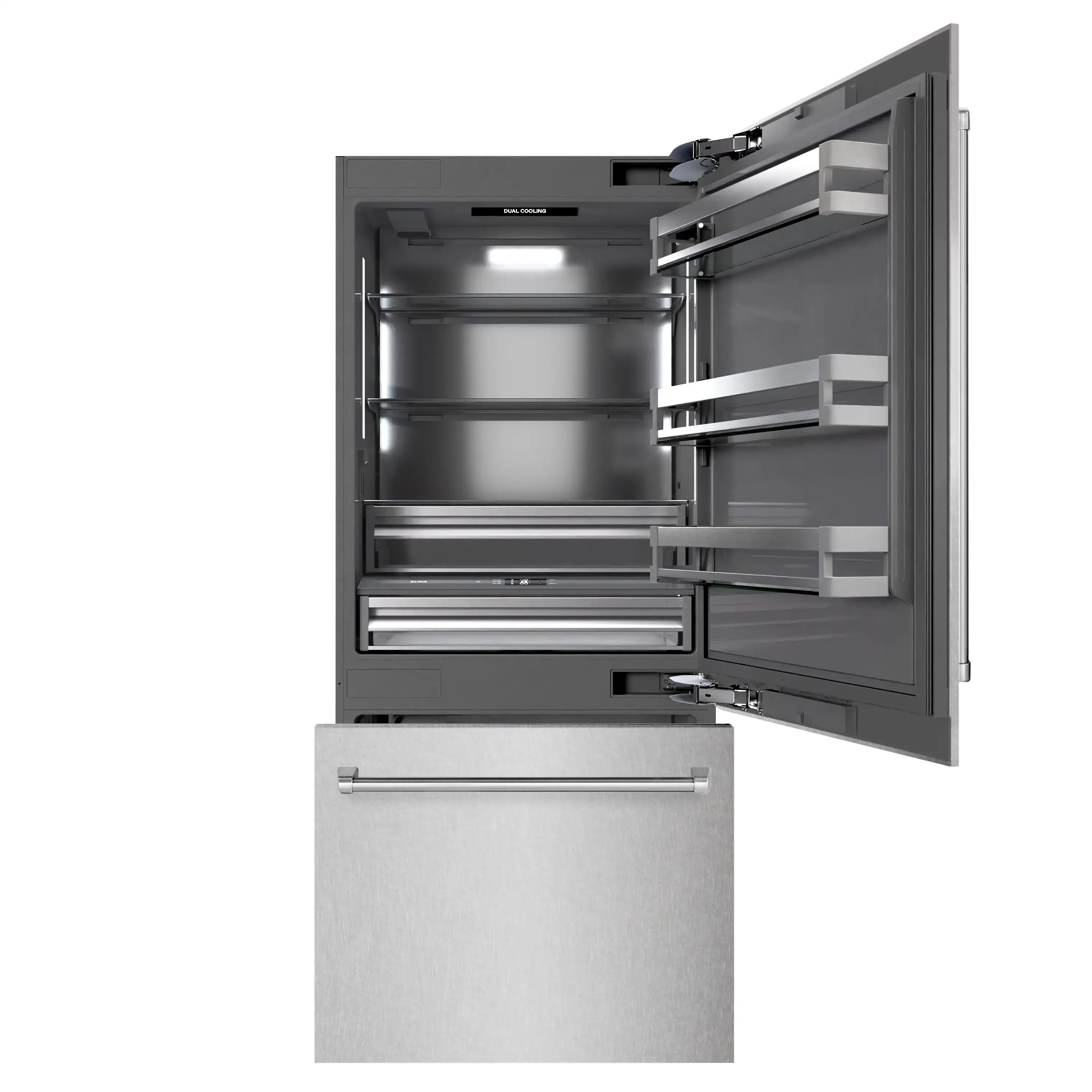 ZLINE 36-Inch 19.8 Cu. Ft. Built-In Bottom Freezer Refrigerator with Water Dispenser and Ice Maker in Satin Stainless Steel with Graphite Gray Interior (GRBIT-SN-36) - Image 4