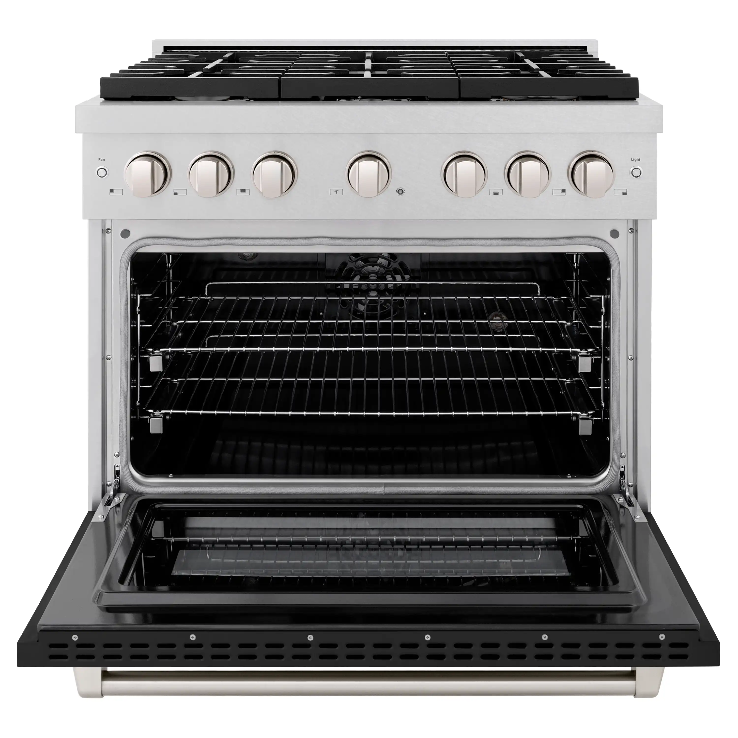 ZLINE 36-Inch 5.2 cu. ft. Paramount Dual Fuel Range with 6 Burner Gas Cooktop and Electric Convection Oven in Satin Stainless Steel with Black Matte Door (SDRS-BLM-36) - Image 3