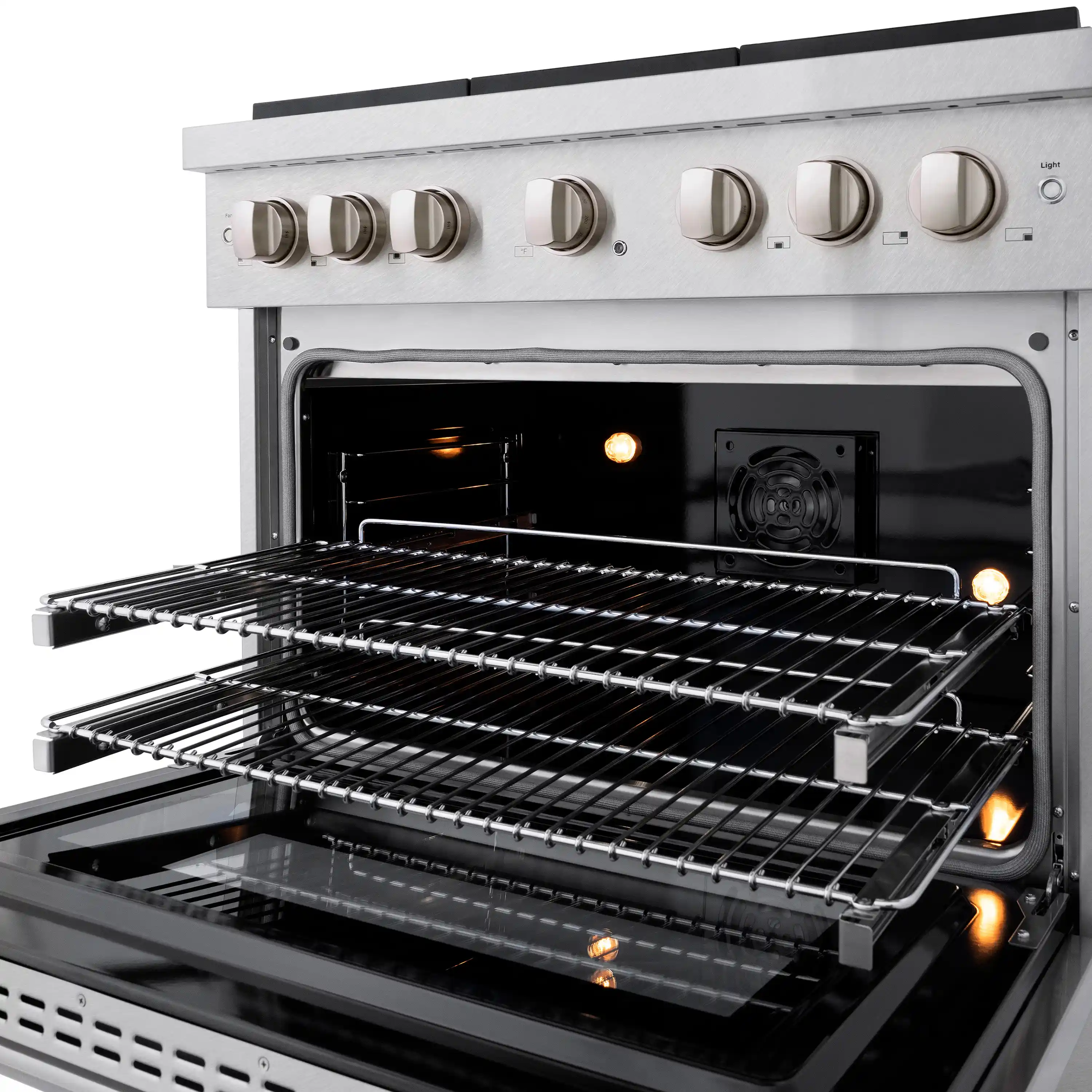 ZLINE 36-Inch 5.2 cu. ft. Paramount Dual Fuel Range with Gas Cooktop and Electric Convection Oven in Satin Stainless Steel with 6 Brass Burners (SDRS-BR-36) - Image 8