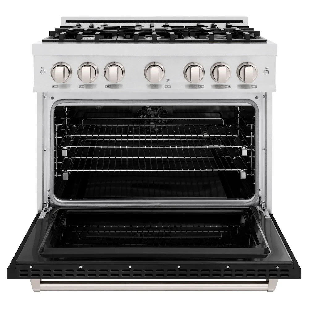 ZLINE Autograph Edition 36-Inch Classic Series Dual Fuel Range with 6 Gas Burner Cooktop and 5.2 Cu. Ft. Electric Convection Oven in Satin Stainless Steel with Black Matte Door (CDRS-BLM-36) - Image 4