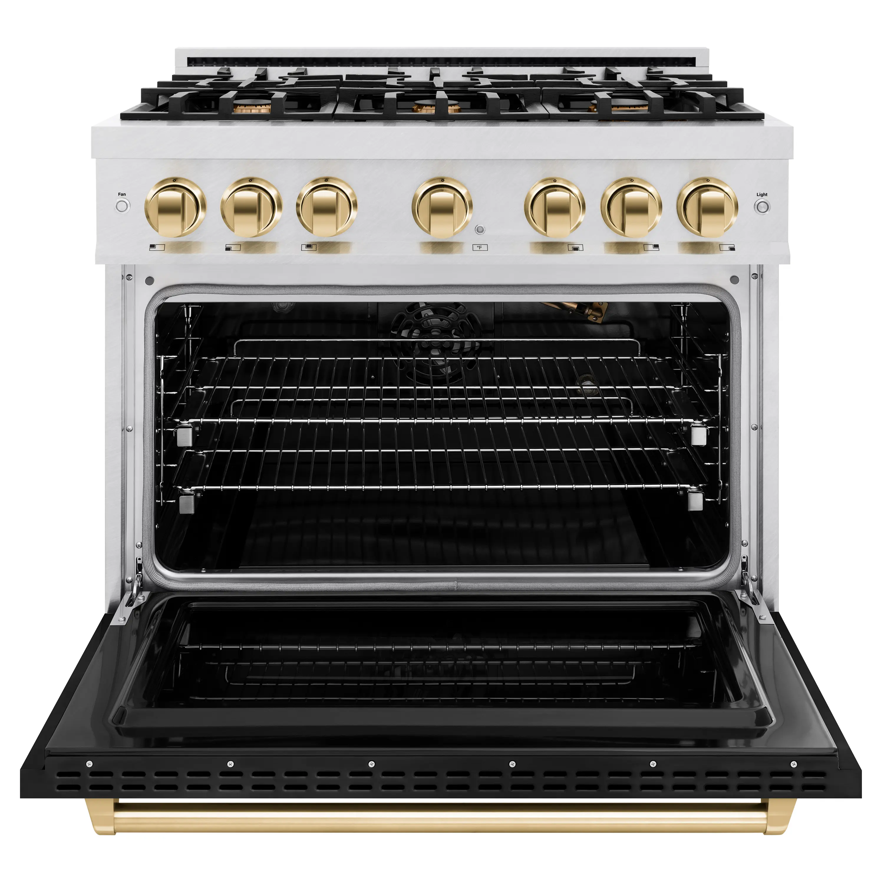 ZLINE 36-Inch Autograph Gas Range with 6 Burner Cooktop and 5.2 Cu. Ft. Convection Oven in Satin Stainless Steel with Black Matte Door and Polished Gold Accents (CGRSZ-BLM-36-G) - Image 5