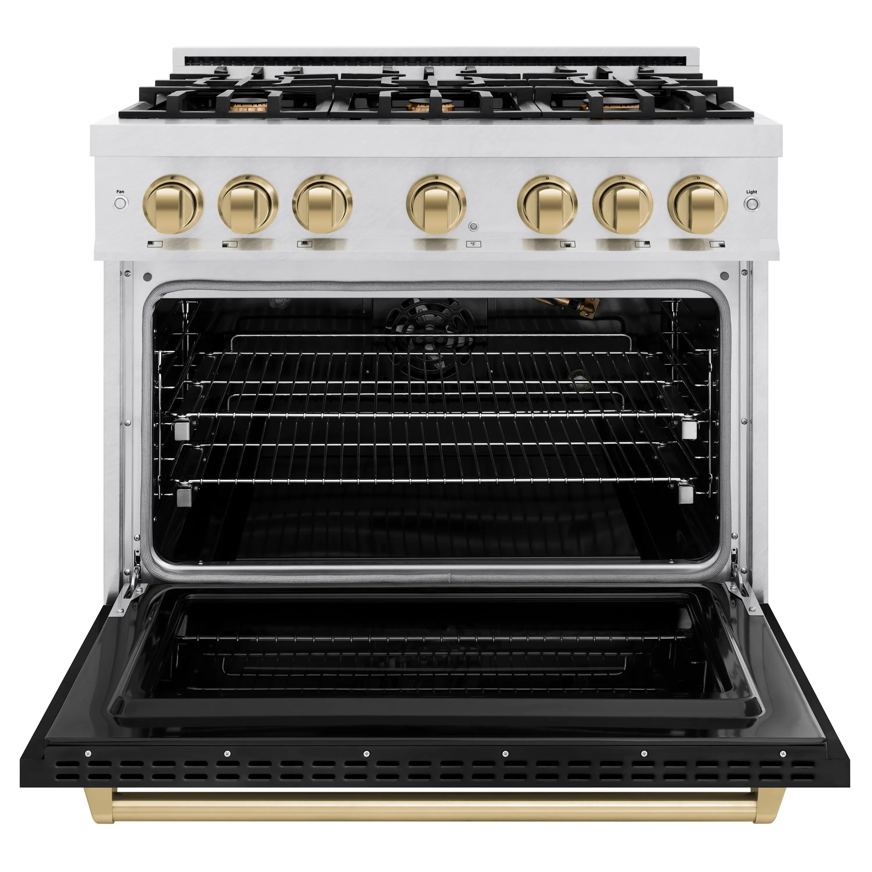 ZLINE 36-Inch Autograph Gas Range with 6 Burner Cooktop and 5.2 Cu. Ft. Convection Oven in Satin Stainless Steel with Black Matte Door and Champagne Bronze Accents (CGRSZ-BLM-36-CB) - Image 5