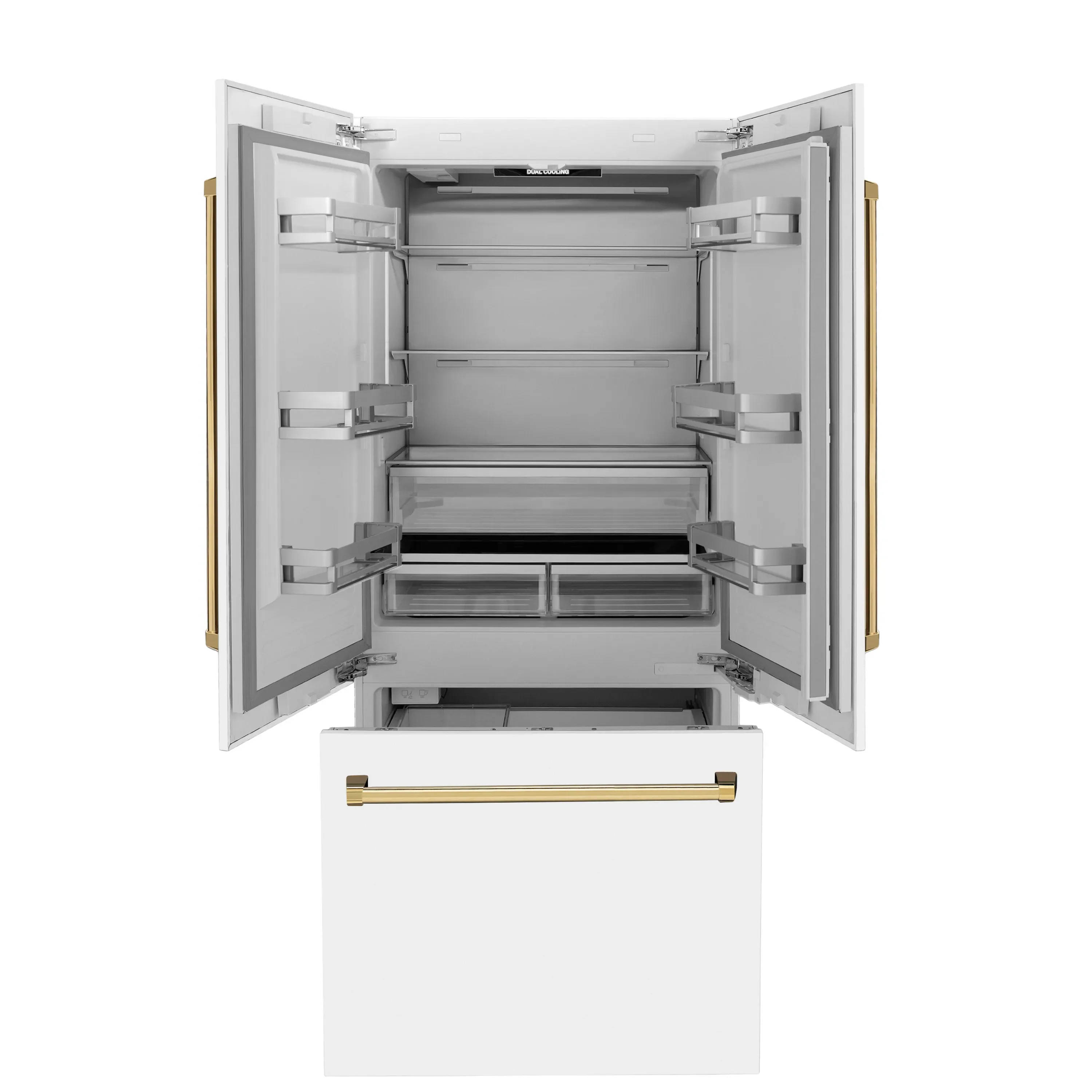 ZLINE 36-Inch Autograph Edition 19.6 cu. ft. Built-in 2-Door Bottom Freezer Refrigerator with Internal Water and Ice Dispenser in White Matte with Gold Accents (RBIVZ-WM-36-G) - Image 4