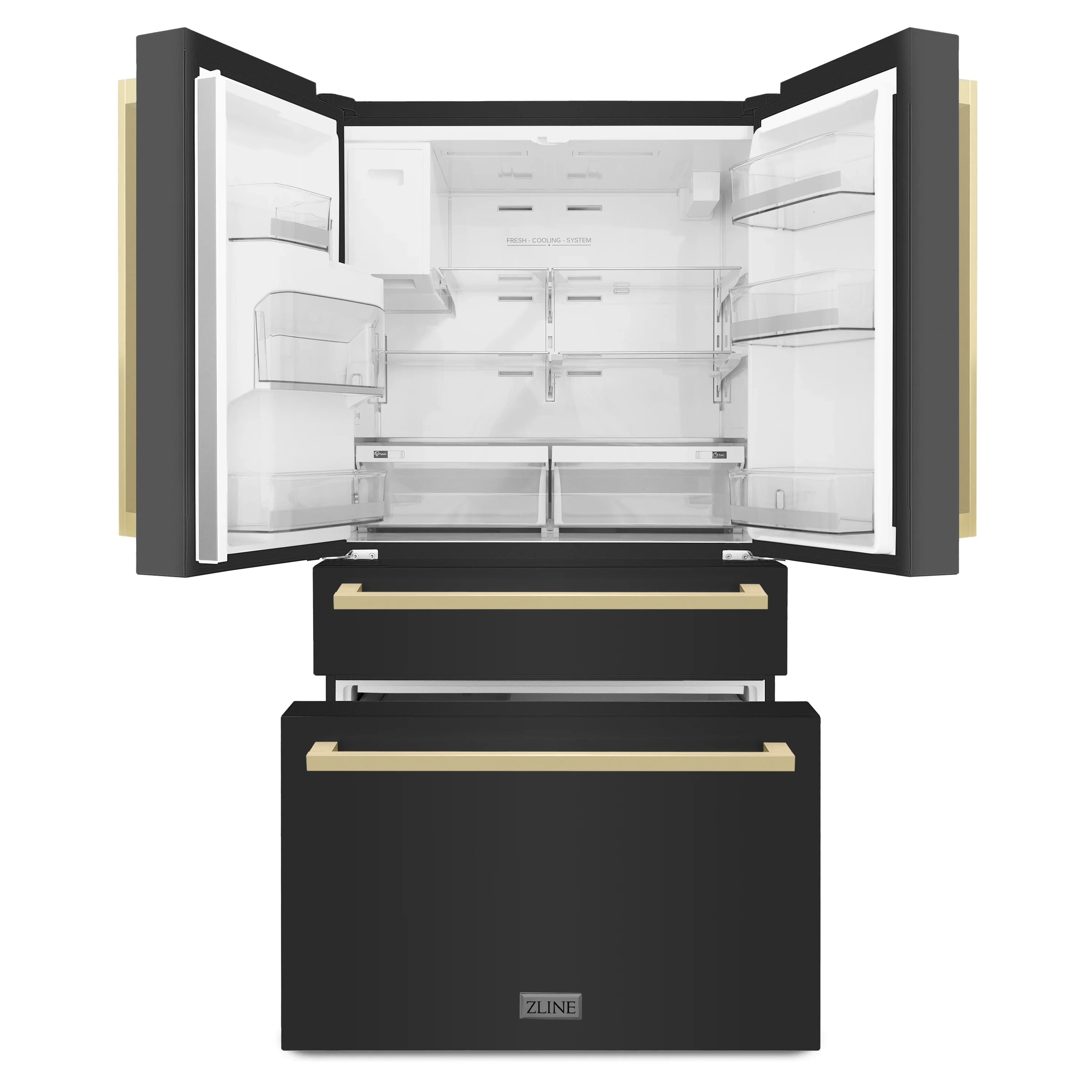 ZLINE 36-Inch Autograph Edition 21.6 cu. ft 4-Door French Door Refrigerator with Water and Ice Dispenser in Black Stainless Steel with Champagne Bronze Square Handles (RFMZ-W36-BS-FCB) - Image 3