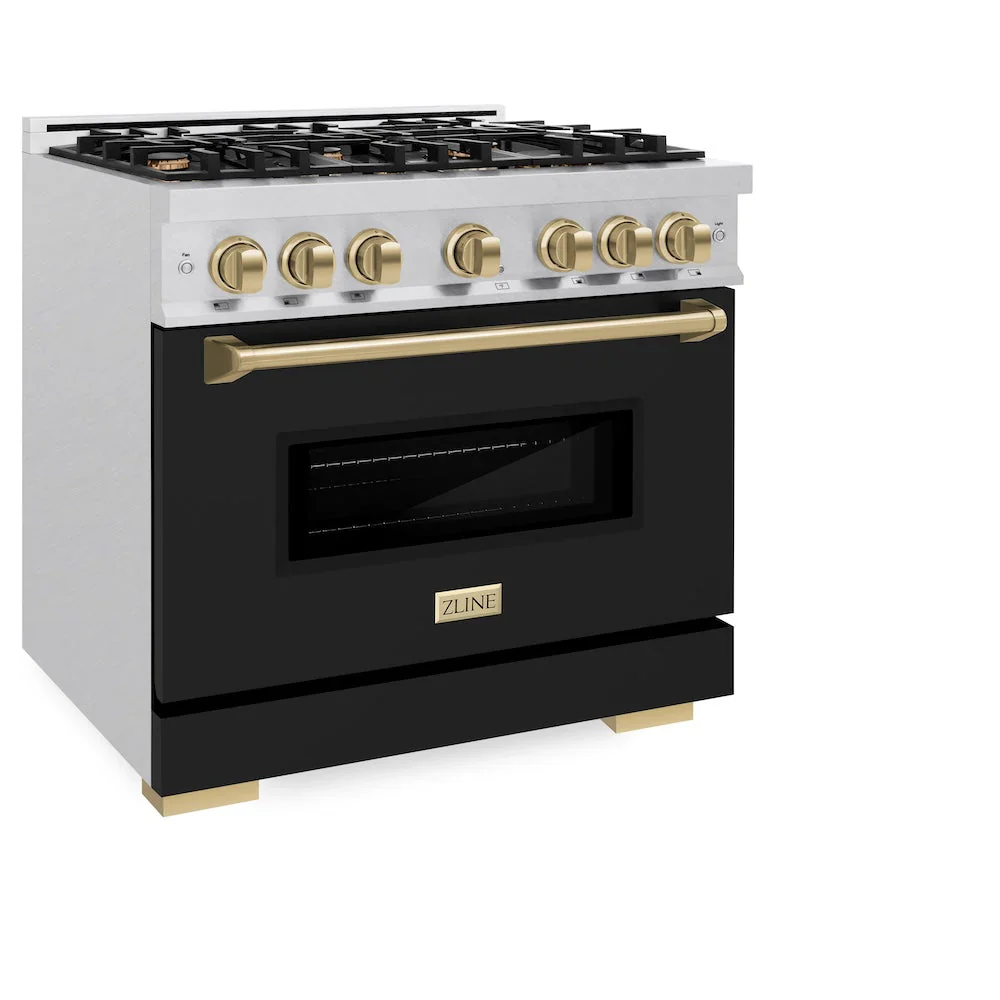 ZLINE Autograph Edition 36-Inch Classic Series Dual Fuel Range with 6 Gas Burner Cooktop and 5.2 Cu. Ft Electric Convection Oven in Satin Stainless Steel with Black Matte Door and Champagne Bronze Accents (CDRSZ-BLM-36-CB) - Image 3