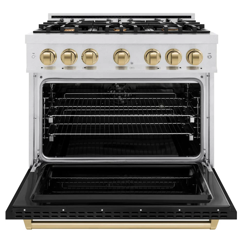ZLINE Autograph Edition 36-Inch Classic Series Dual Fuel Range with 6 Gas Burner Cooktop and 5.2 Cu. Ft Electric Convection Oven in Satin Stainless Steel with Black Matte Door and Champagne Bronze Accents (CDRSZ-BLM-36-CB) - Image 5