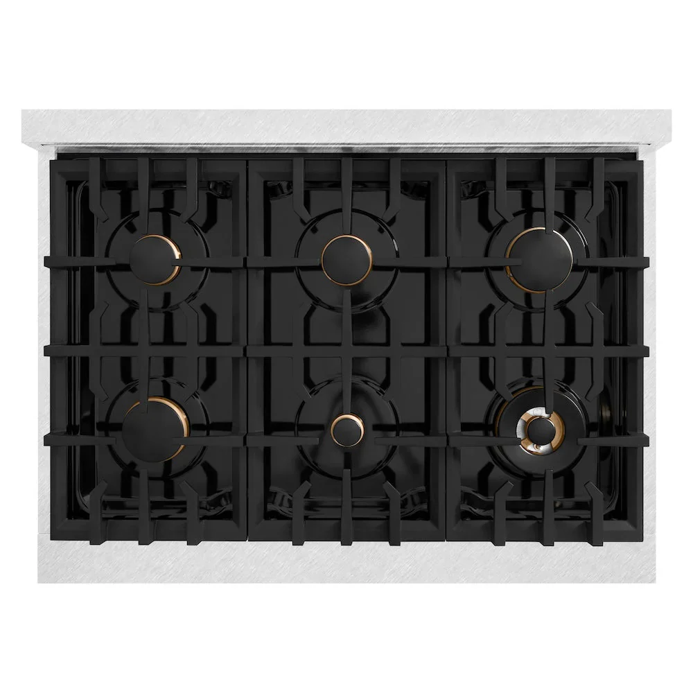 ZLINE Autograph Edition 36-Inch Classic Series Dual Fuel Range with 6 Gas Burner Cooktop and 5.2 Cu. Ft Electric Convection Oven in Satin Stainless Steel with Black Matte Door and Champagne Bronze Accents (CDRSZ-BLM-36-CB) - Image 7