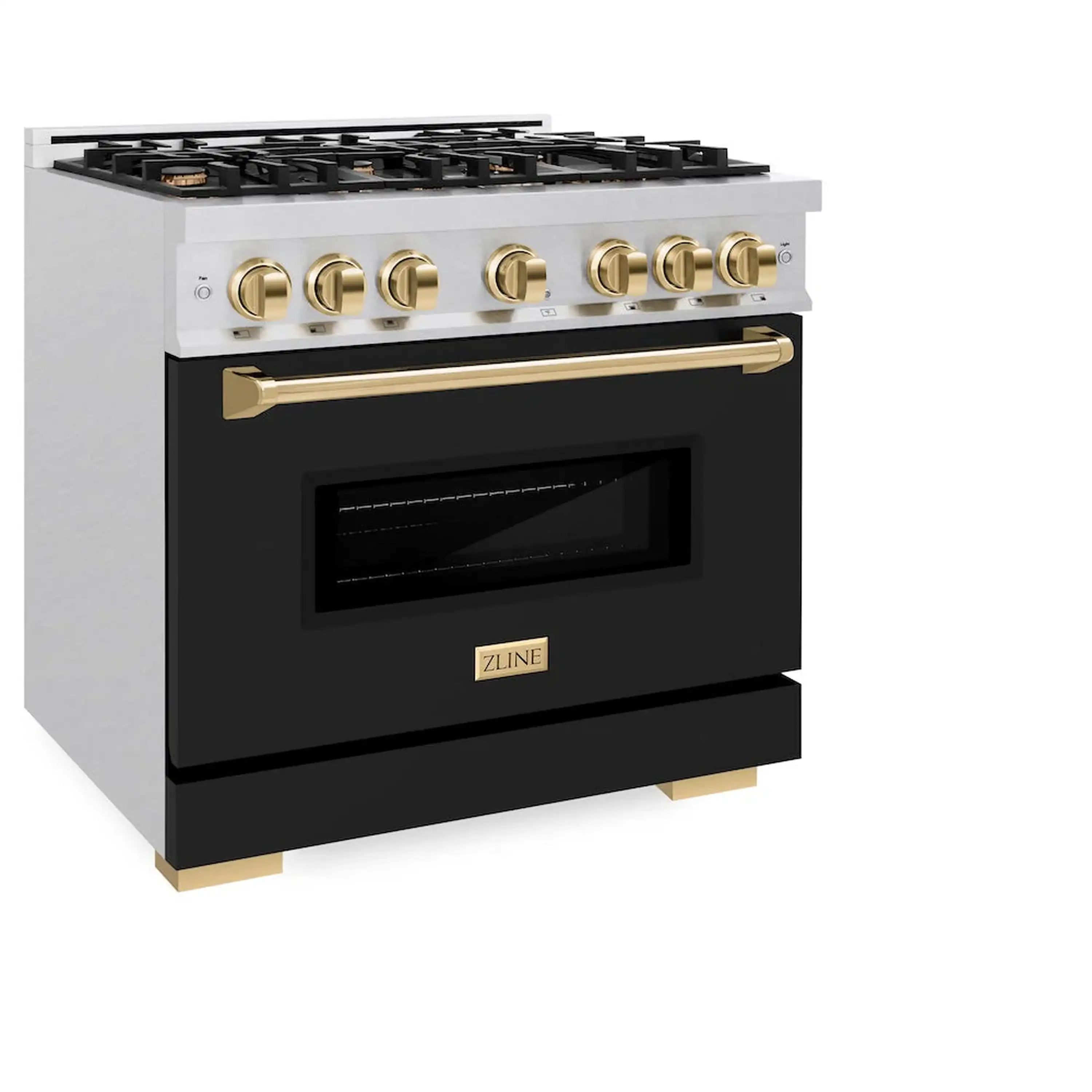 ZLINE Autograph Edition 36-Inch Classic Series Dual Fuel Range with 6 Gas Burner Cooktop and 5.2 Cu. Ft. Electric Convection Oven in Satin Stainless Steel with Black Matte Door and Polished Gold Accents (CDRSZ-BLM-36-G) - Image 2