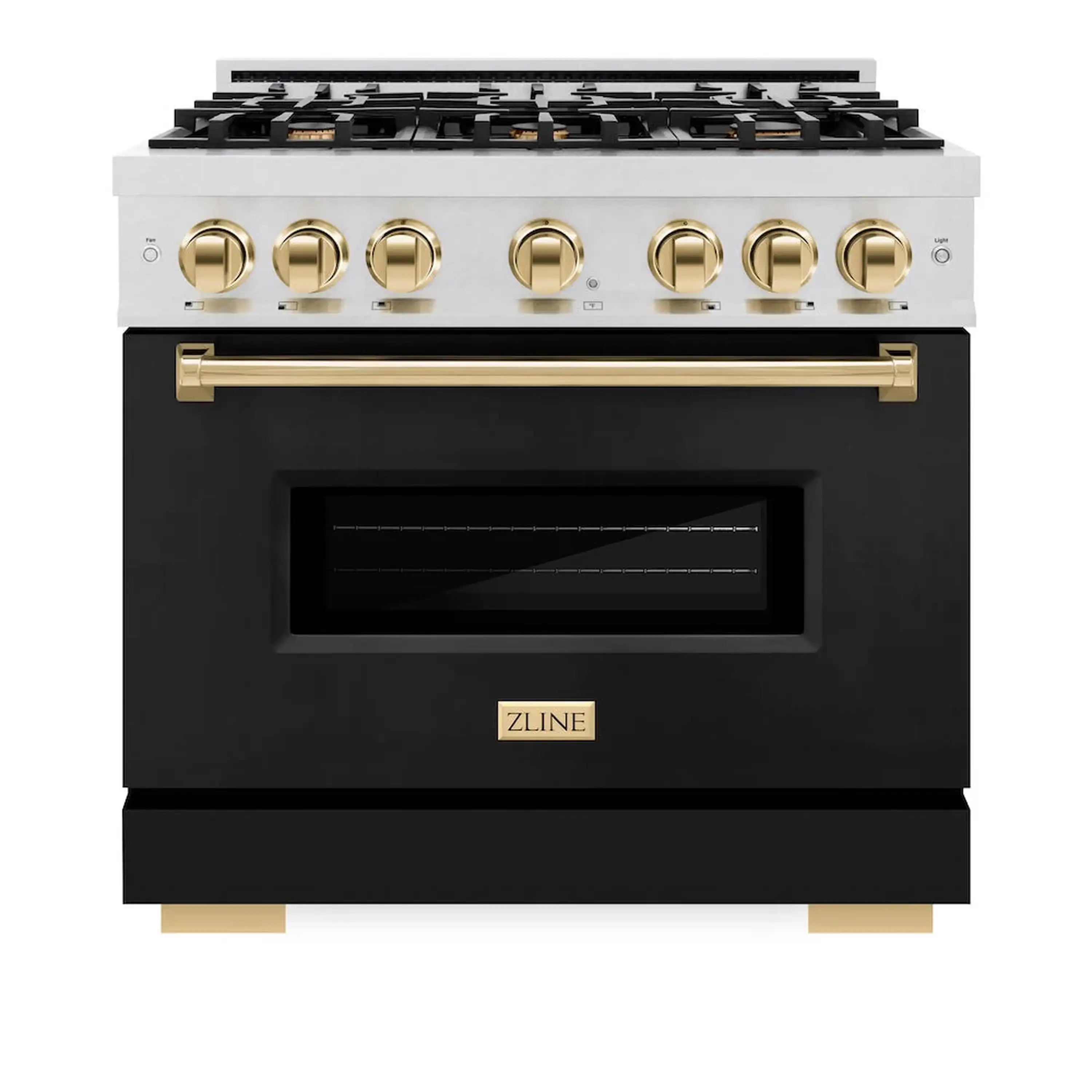 ZLINE Autograph Edition 36-Inch Classic Series Dual Fuel Range with 6 Gas Burner Cooktop and 5.2 Cu. Ft. Electric Convection Oven in Satin Stainless Steel with Black Matte Door and Polished Gold Accents (CDRSZ-BLM-36-G) - Image 4