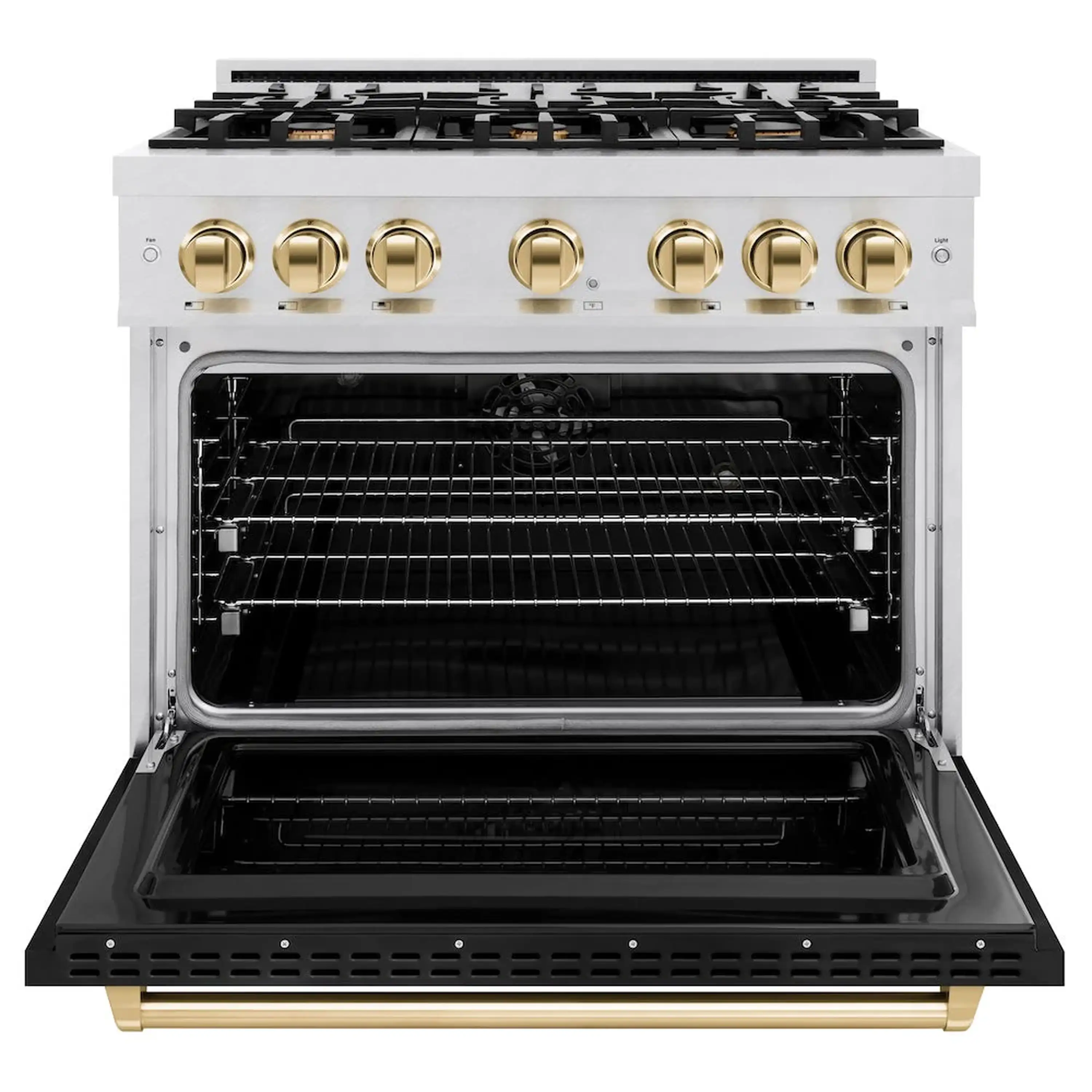 ZLINE Autograph Edition 36-Inch Classic Series Dual Fuel Range with 6 Gas Burner Cooktop and 5.2 Cu. Ft. Electric Convection Oven in Satin Stainless Steel with Black Matte Door and Polished Gold Accents (CDRSZ-BLM-36-G) - Image 6