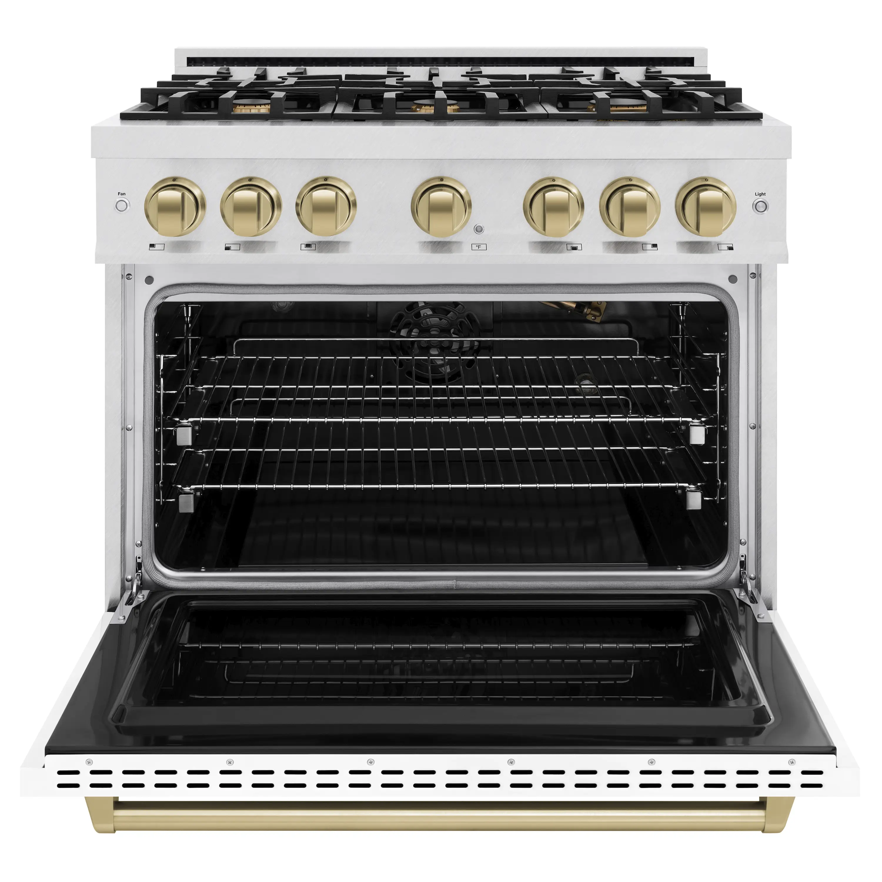 ZLINE 36-Inch Autograph Edition Freestanding Gas Range in Satin Stainless Steel with White Matte Door and Champagne Bronze Accents (CGRSZ-WM-36-CB) - Image 3