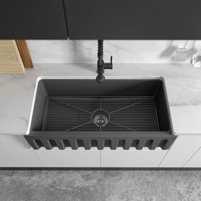 ZLINE 36-Inch Venice Farmhouse Apron Front Reversible Single Bowl Fireclay Kitchen Sink with Bottom Grid in Charcoal (FRC5122-CL-36) - Image 5