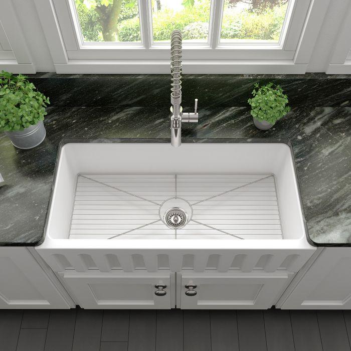 ZLINE 36-Inch Venice Farmhouse Apron Front Reversible Single Bowl Fireclay Kitchen Sink with Bottom Grid in White Matte (FRC5122-WM-36) - Image 3