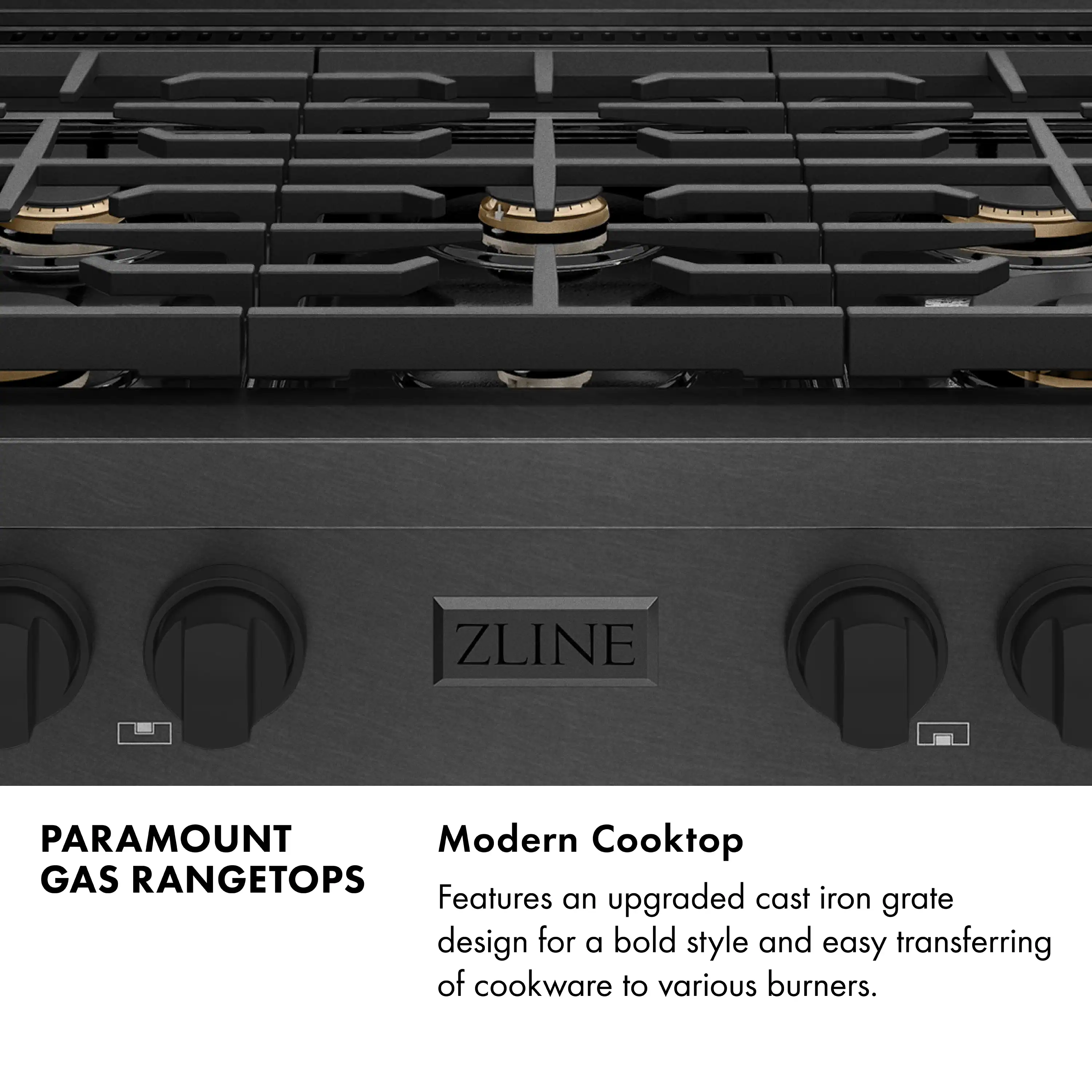 ZLINE 36-Inch Paramount Gas Rangetop with 6 Brass Burners and Porcelain Cooktop in Black Satin Stainless Steel (SRTBS-BR-36) - Image 6