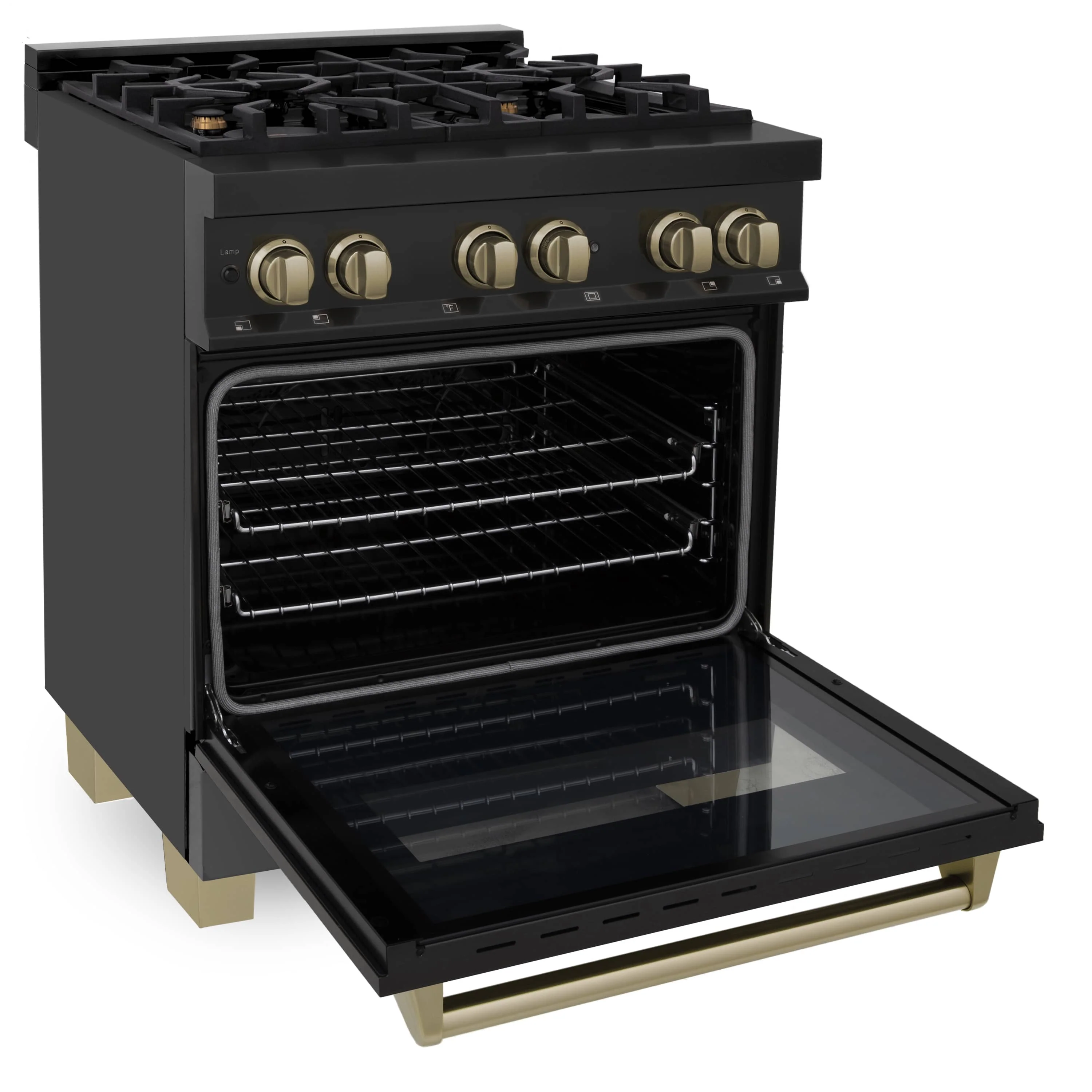 ZLINE 4-Piece Appliance Package - 30-Inch Legacy Dual Fuel Range, Wall Mount Range Hood, 36-Inch French Door Refrigerator, Dishwasher, in Black Stainless Steel with Champagne Bronze Accents - Image 7