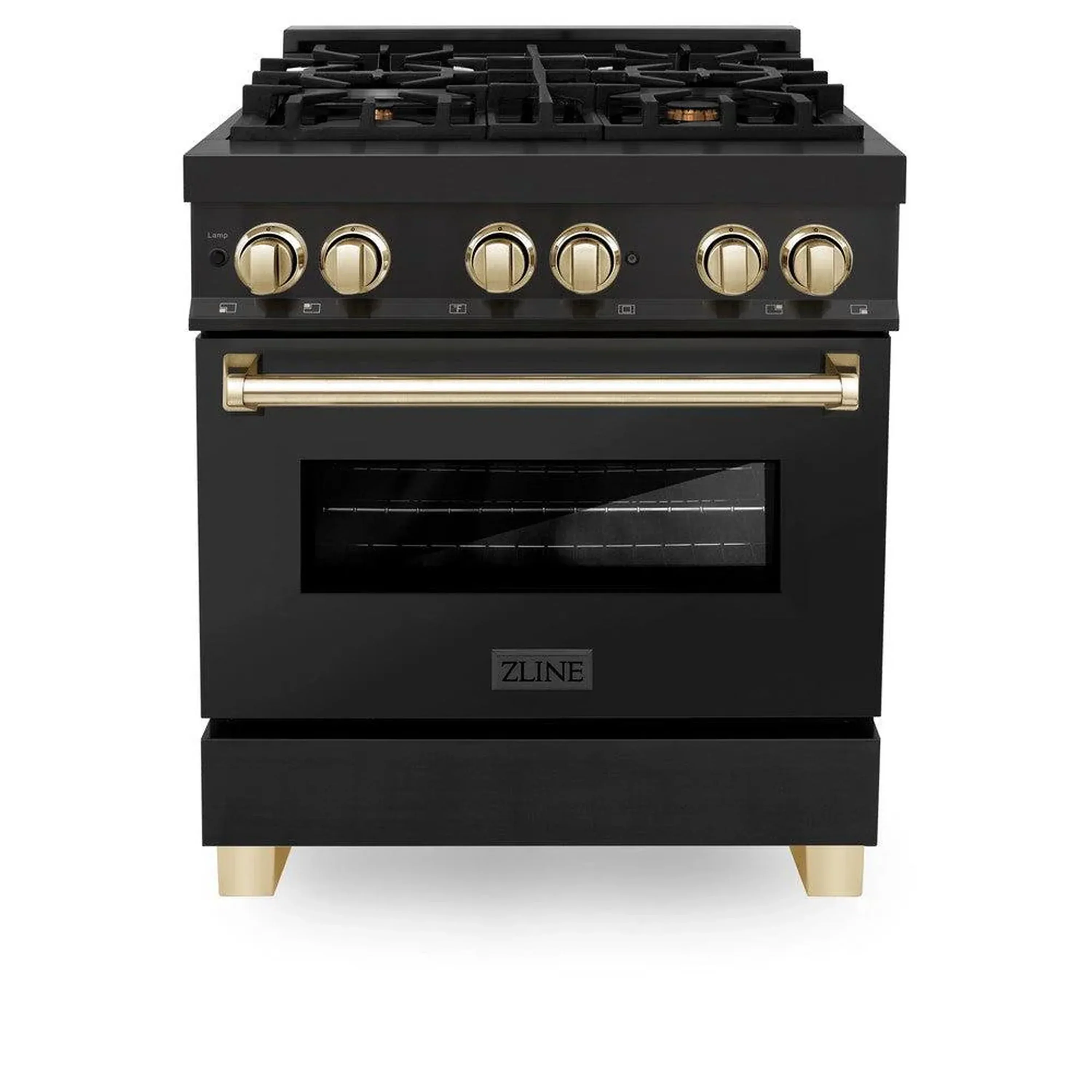 ZLINE 4-Piece Appliance Package - 30-Inch Legacy Dual Fuel Range, Wall Mount Range Hood, 36-Inch French Door Refrigerator, Dishwasher, in Black Stainless Steel with Gold Accents - Image 2