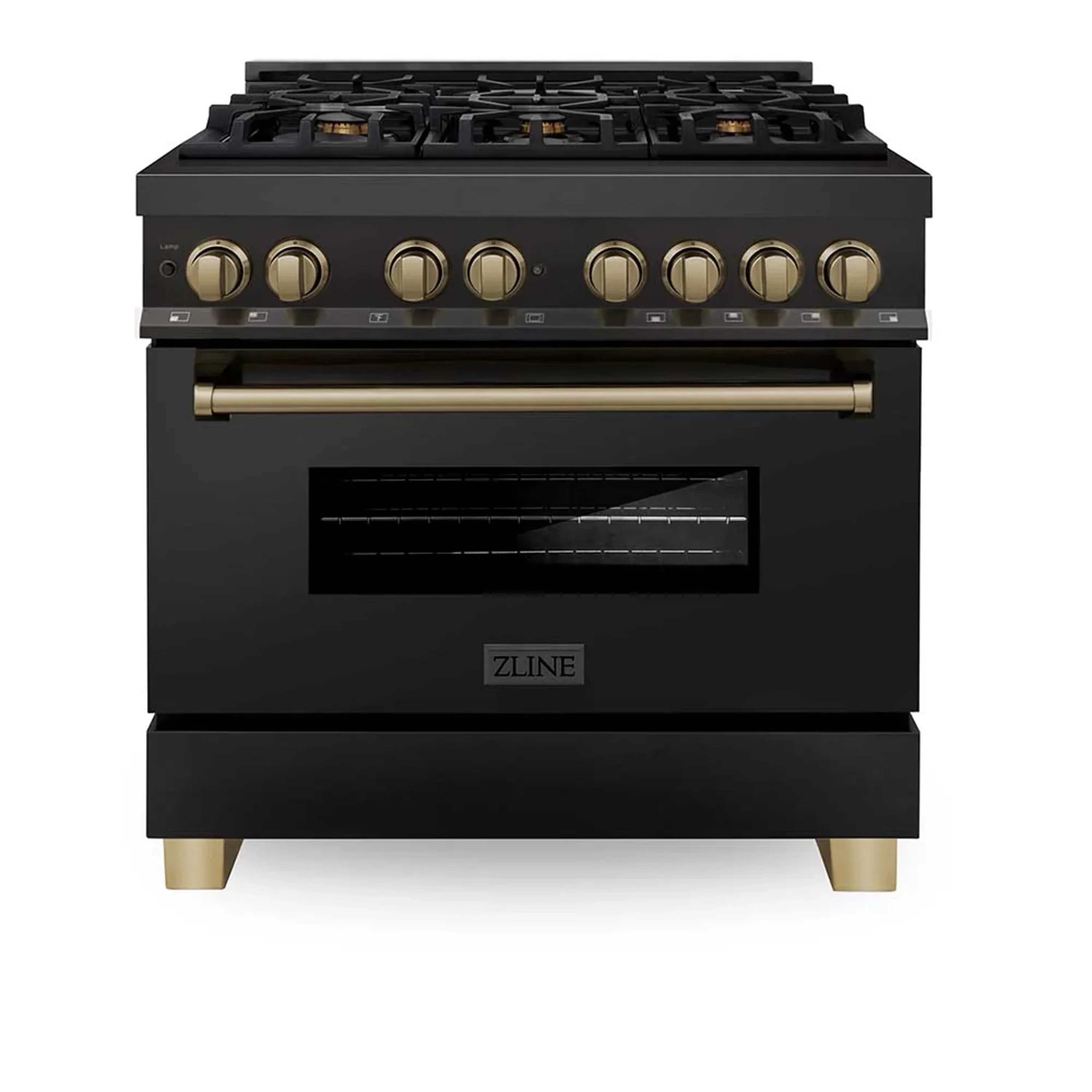 ZLINE 4-Piece Appliance Package - 36-Inch Legacy Dual Fuel Range, Wall Mount Range Hood, 36-Inch French Door Refrigerator, Dishwasher, in Black Stainless Steel with Champagne Bronze Accents - Image 2