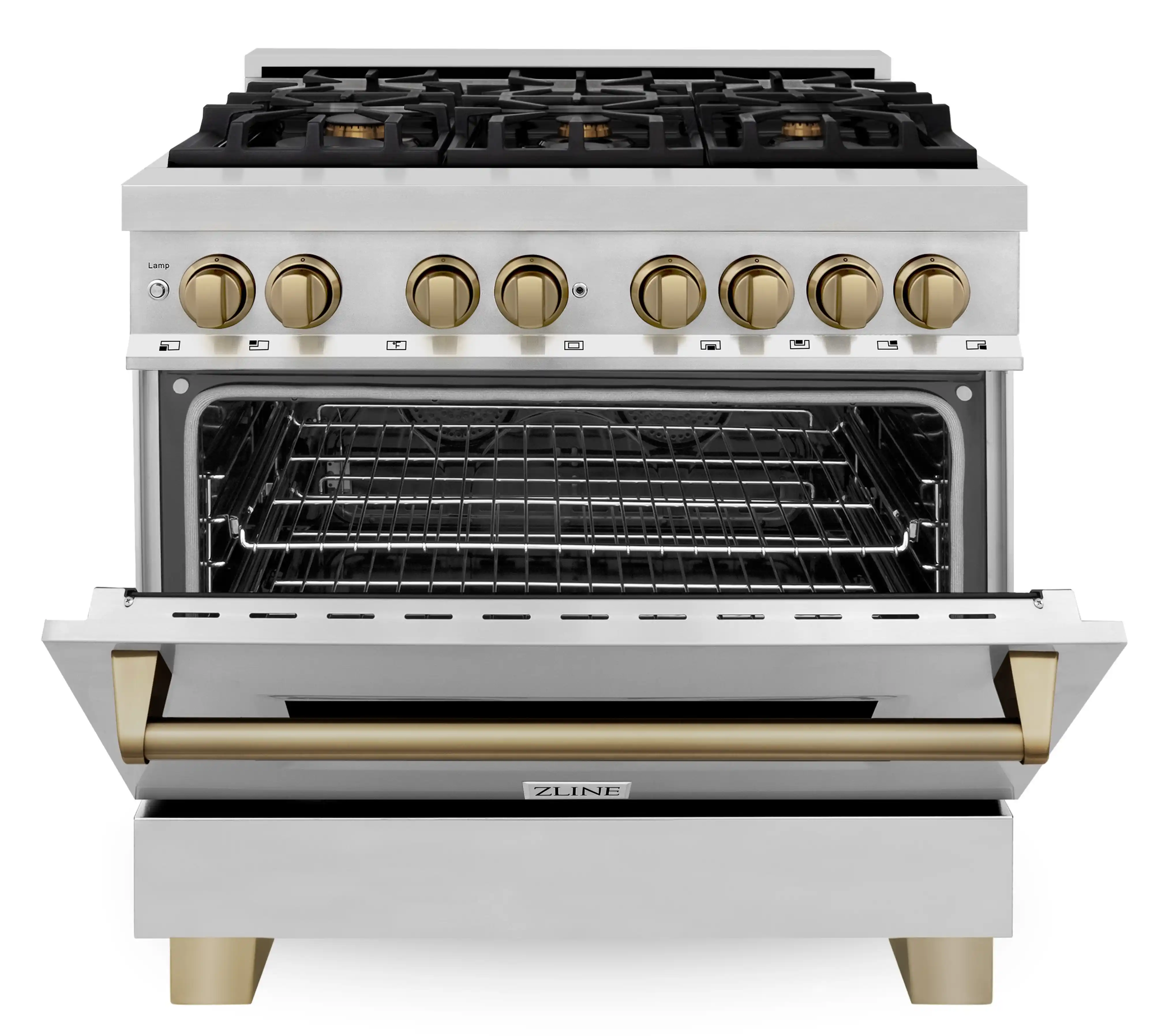 ZLINE 4-Piece Appliance Package - 36-Inch Legacy Autograph Dual Fuel Range, Wall Mount Range Hood, 36-Inch French Door Refrigerator, Dishwasher, in Stainless Steel with Champagne Bronze Accents - Image 6
