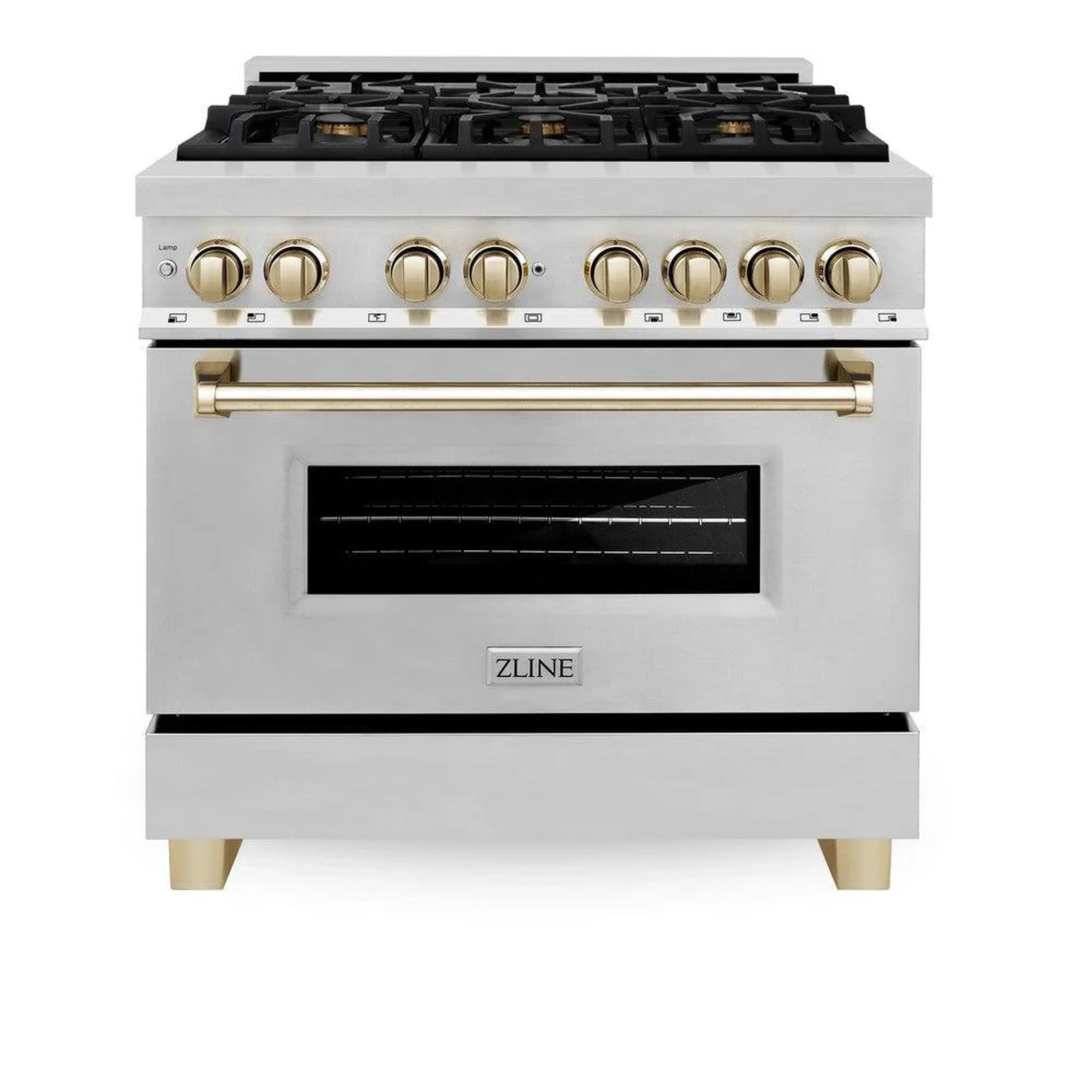 ZLINE 4-Piece Appliance Package - 36-Inch Legacy Autograph Dual Fuel Range, Wall Mount Range Hood, 36-Inch French Door Refrigerator, Dishwasher, in Stainless Steel with Gold Accents - Image 2