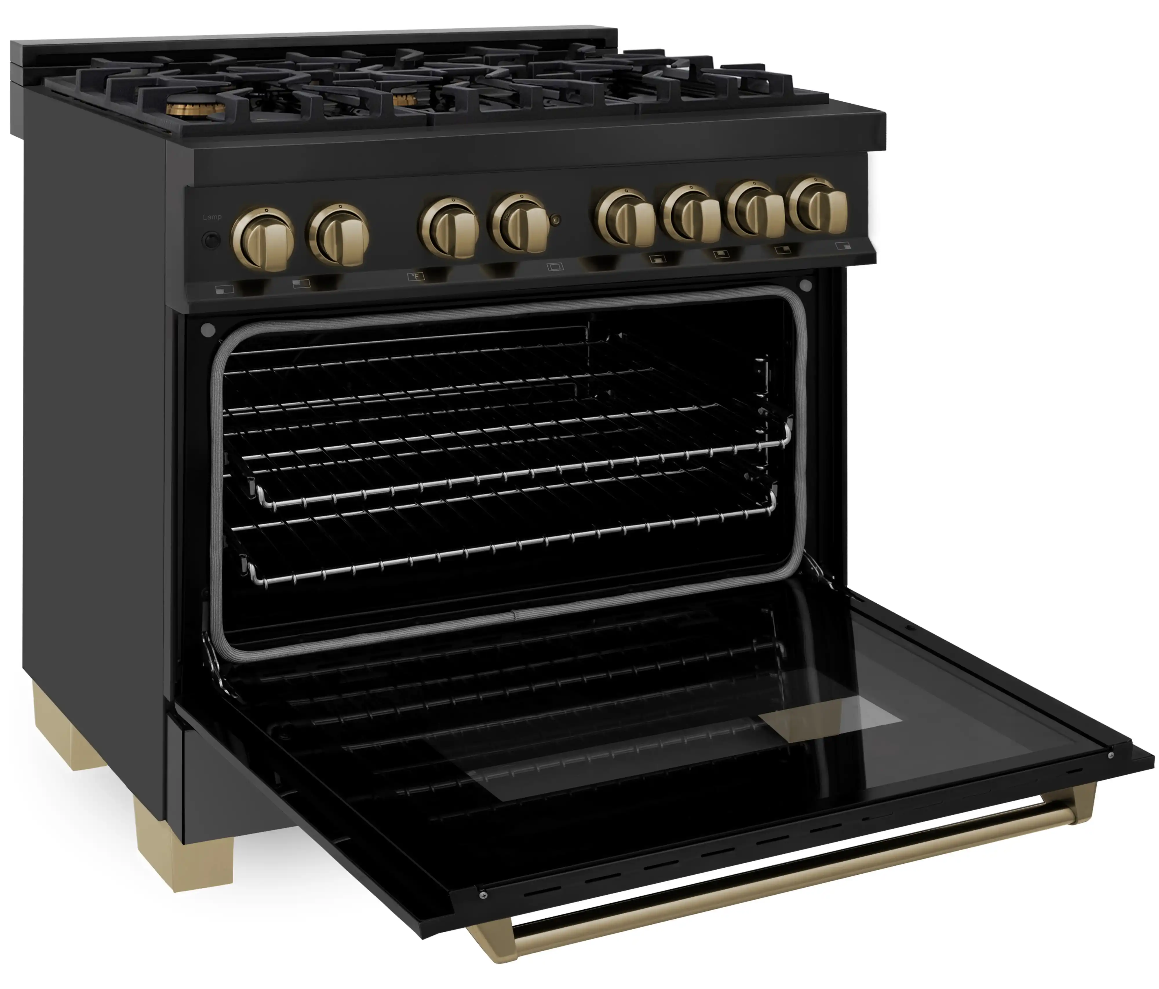 ZLINE 4-Piece Appliance Package - 36-Inch Legacy Dual Fuel Range, Wall Mount Range Hood, 36-Inch French Door Refrigerator with Water Dispenser, Dishwasher, in Black Stainless Steel with Champagne Bronze Accents - Image 7