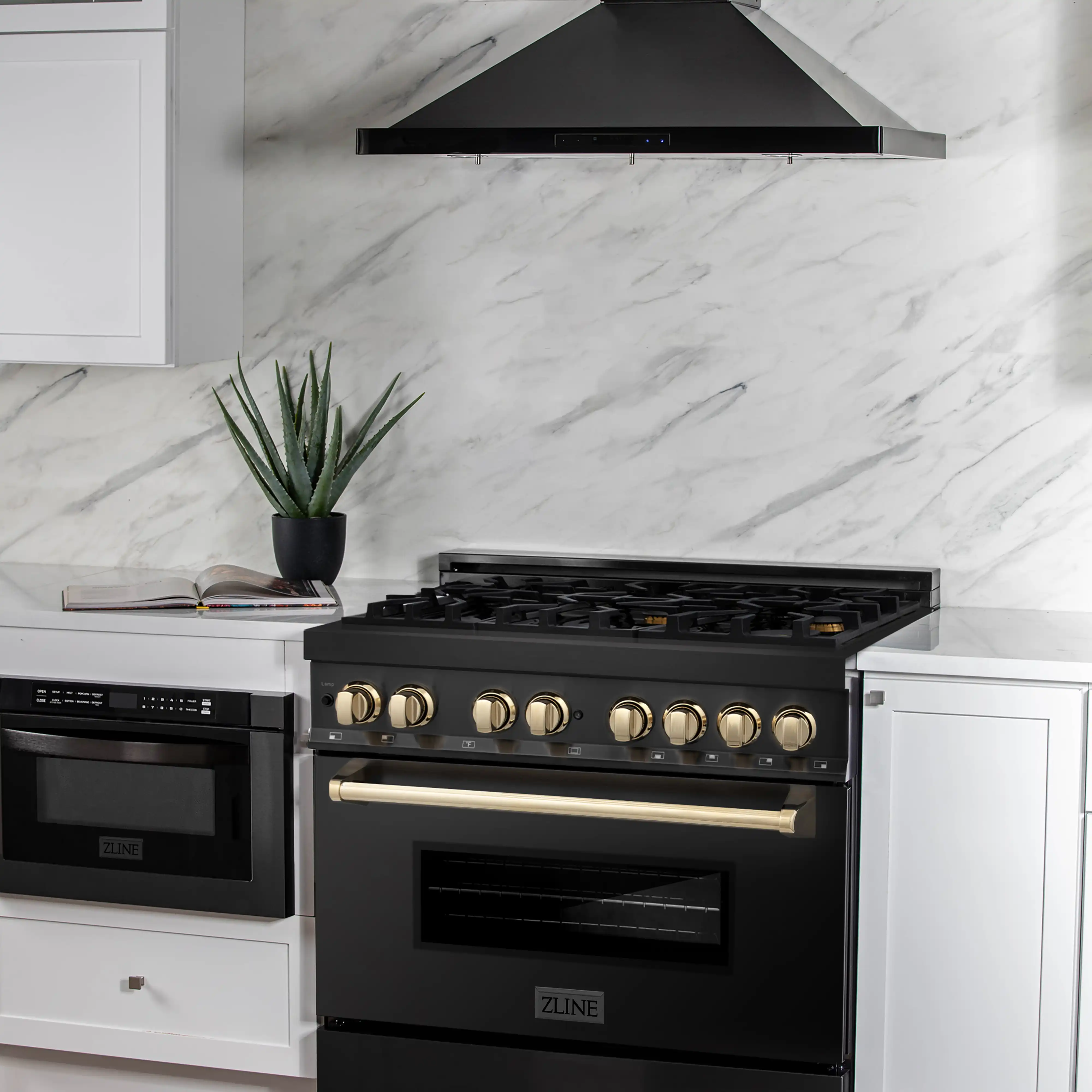 ZLINE 4-Piece Appliance Package - 36-Inch Legacy Dual Fuel Range, Wall Mount Range Hood, 36-Inch French Door Refrigerator with Water Dispenser, Dishwasher, in Black Stainless Steel with Gold Accents - Image 4