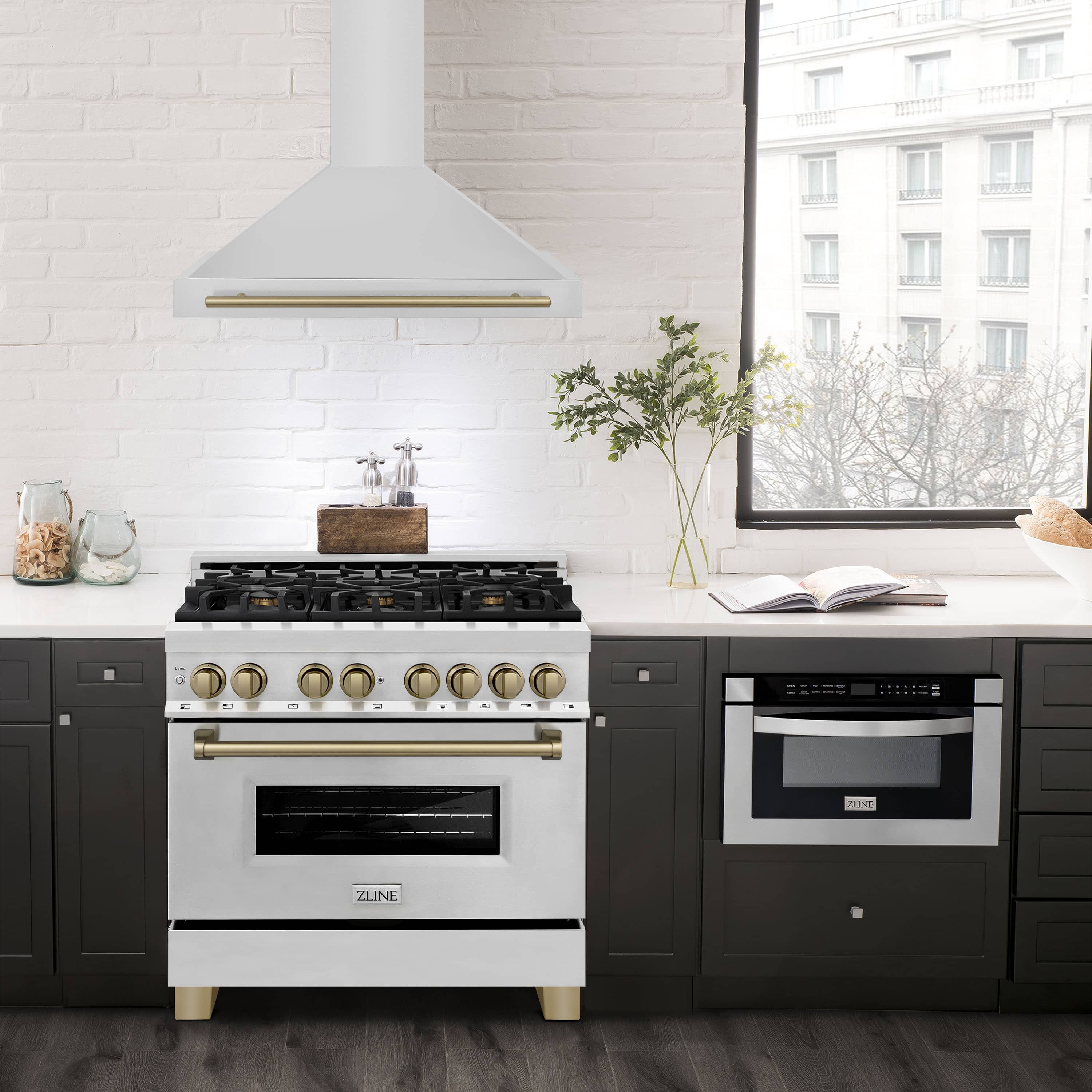 ZLINE 4-Piece Appliance Package - 36-Inch Legacy Autograph Dual Fuel Range, Wall Mount Range Hood, 36-Inch French Door Refrigerator with Water Dispenser, Dishwasher, in Stainless Steel with Champagne Bronze Accents - Image 23