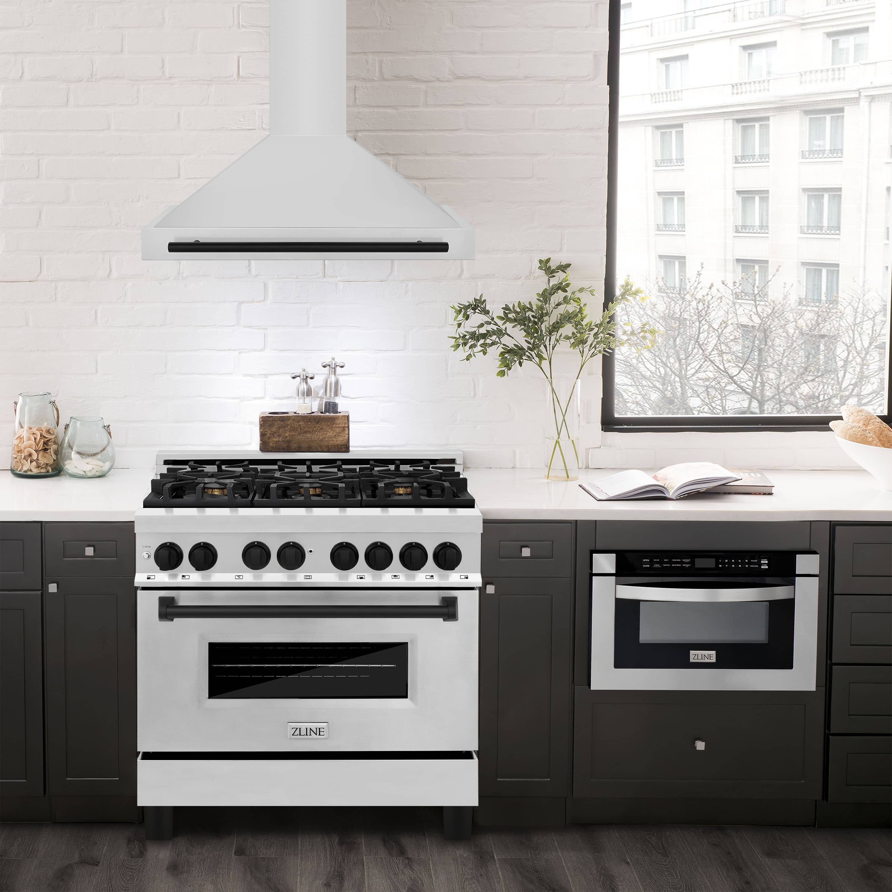 ZLINE 4-Piece Appliance Package - 36-Inch Legacy Autograph Dual Fuel Range, Wall Mount Range Hood, 36-Inch French Door Refrigerator with Water Dispenser, Dishwasher, in Stainless Steel with Matte Black Accents - Image 18