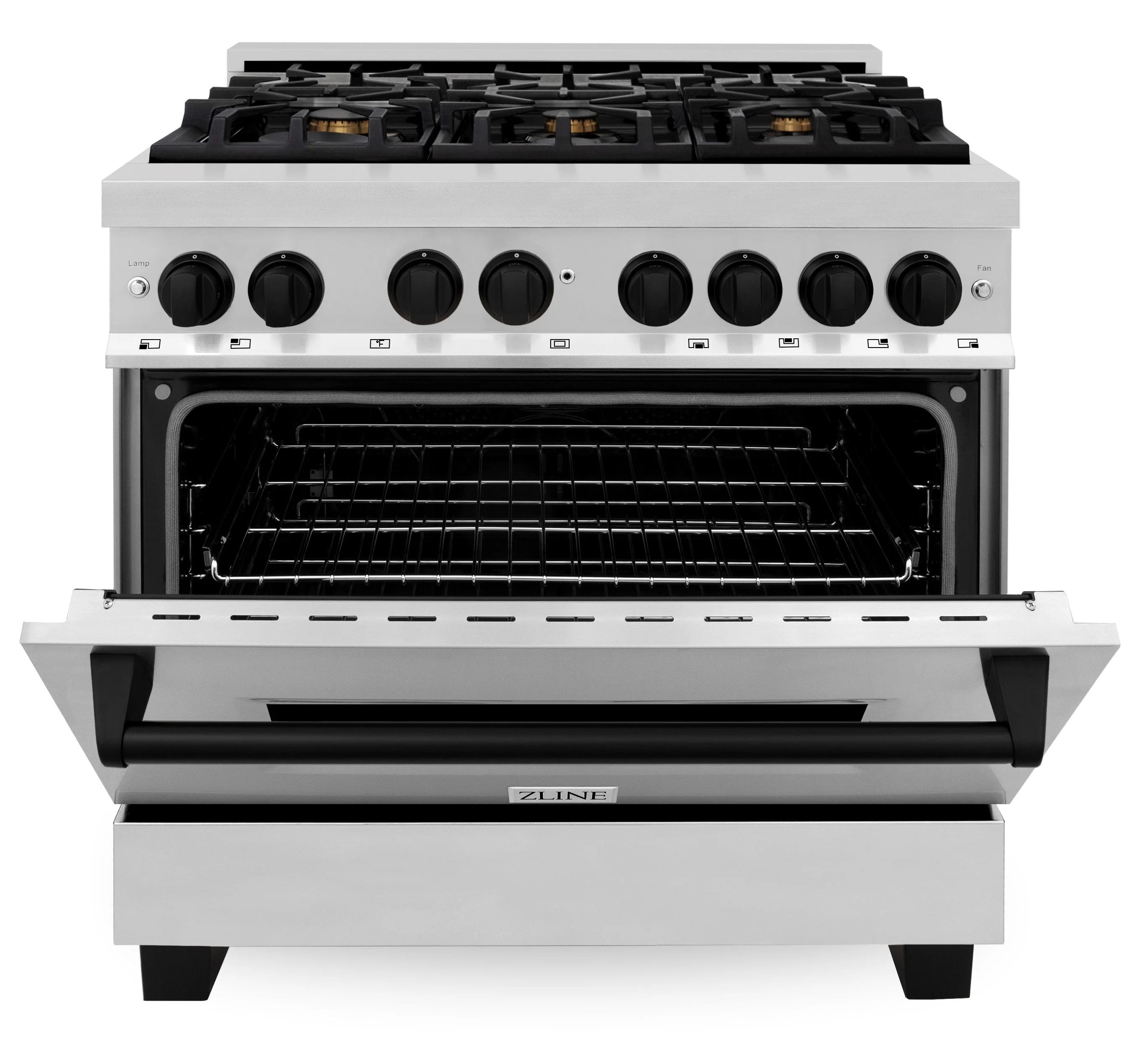ZLINE 4-Piece Appliance Package - 36-Inch Legacy Autograph Dual Fuel Range, Wall Mount Range Hood, 36-Inch French Door Refrigerator with Water Dispenser, Dishwasher, in Stainless Steel with Matte Black Accents - Image 5