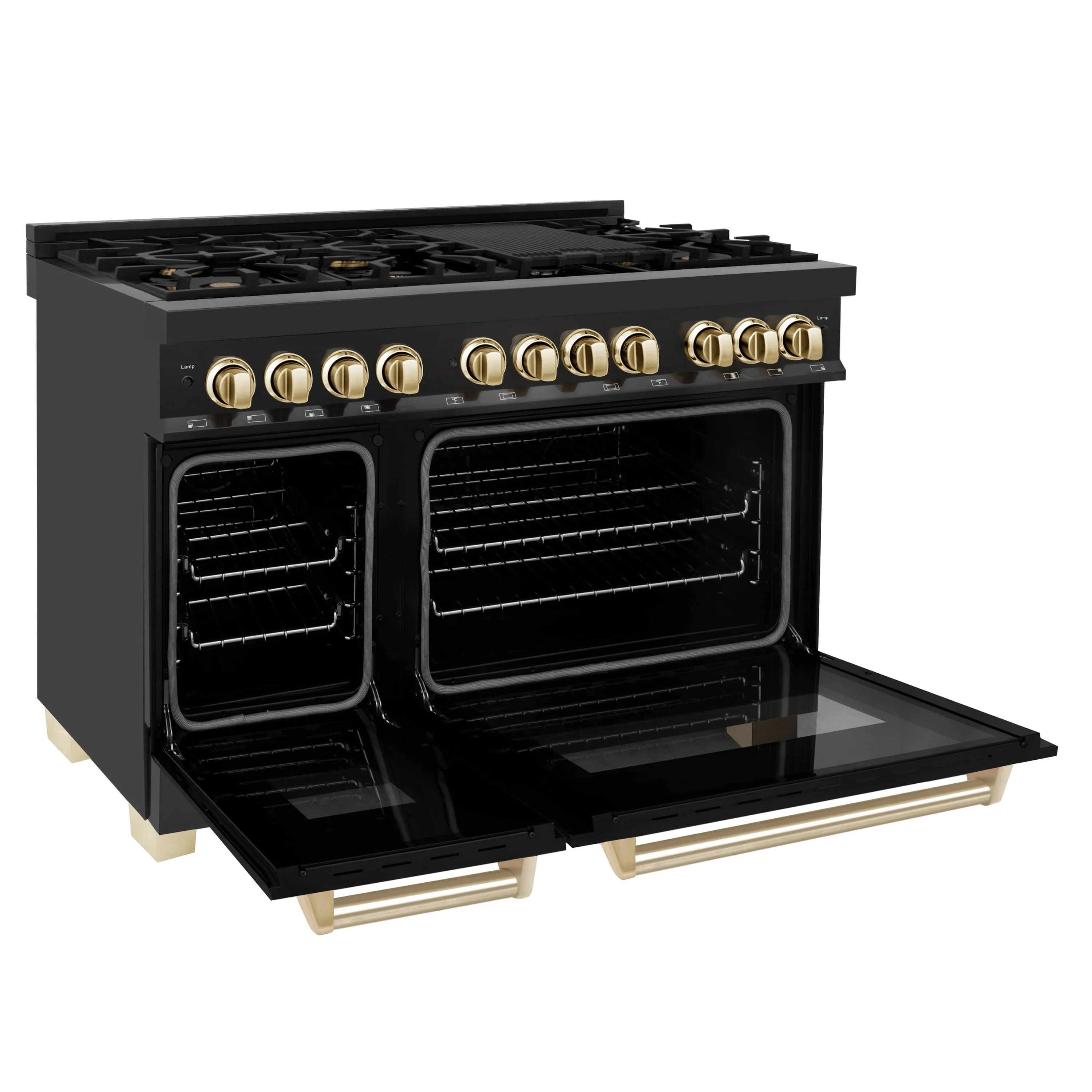 ZLINE 4-Piece Appliance Package - 48-Inch Legacy Dual Fuel Range, Wall Mount Range Hood, 36-Inch French Door Refrigerator, Dishwasher, in Black Stainless Steel with Gold Accents - Image 6